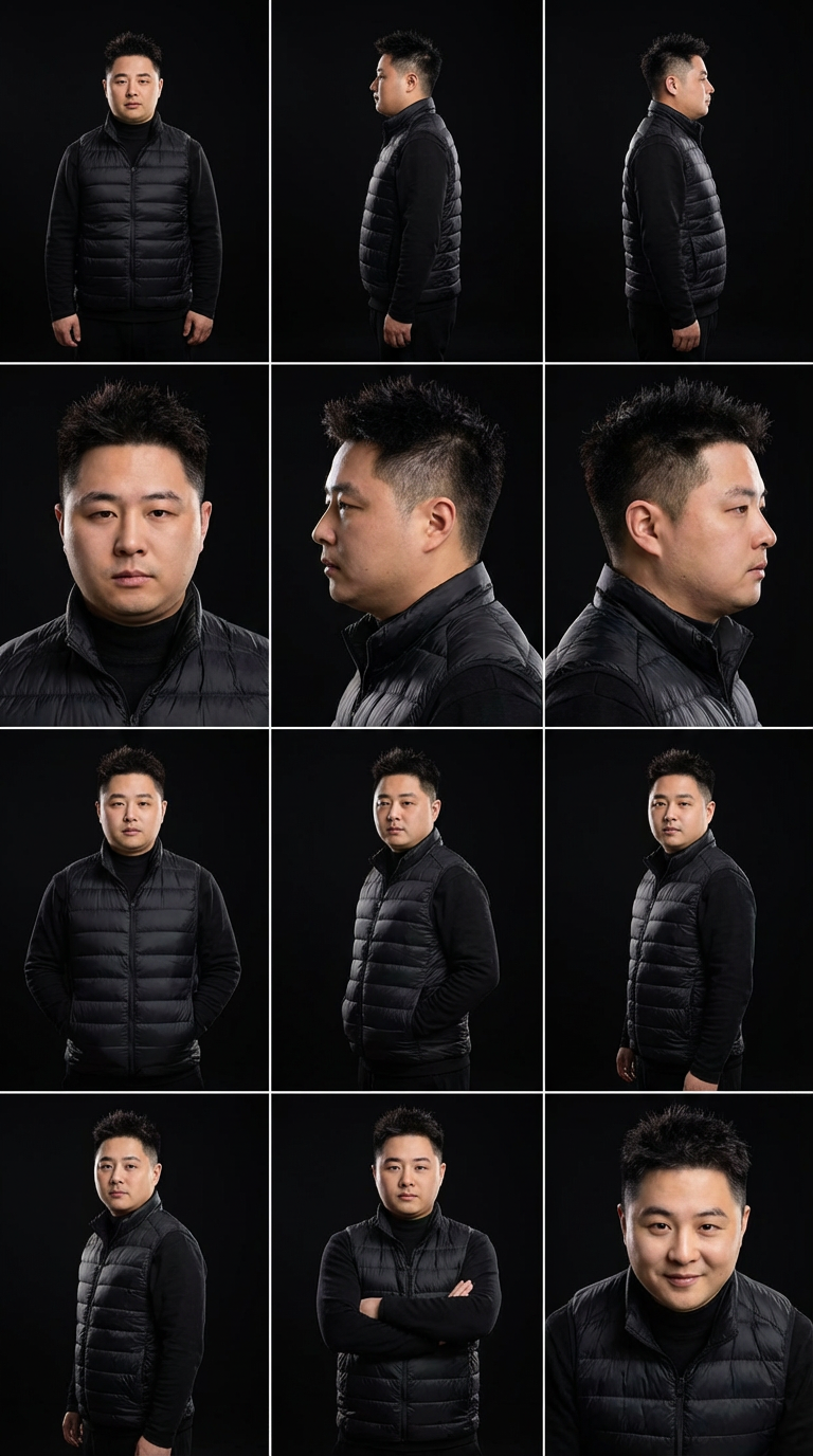 核心需求版(精准直接,适合直接复制)
保持人物主体、发型、黑色羽绒马甲 + 黑色内搭完全不变,仅替换背景为专业影棚纯黑背景,添加专业影棚布光效果:主光塑造面部立体感、轮廓光勾勒人物轮廓、柔和补光消除阴影,打造高级商业艺术照质感,保留人物细节真实自然,无变形、无换衣、无换脸,光影层次丰富,画质高清 8K,专业人像精修风格
进阶细节版(适合追求极致效果,补充光影 / 质感细节)
专业商业人像摄影,保留原人物的五官、发型、黑色立领羽绒马甲 + 黑色高领内搭 100% 不变,仅更换背景为纯净深邃的影棚纯黑背景;添加专业影棚布光:正面柔光主光均匀照亮面部、侧方轮廓光勾勒人物发丝与身体轮廓、底部补光消除面部阴影,光影层次分明,明暗过渡自然;打造高级艺术照质感,皮肤质感真实通透,衣物纹理清晰,整体画面高级感拉满,8K 超高清,细节拉满,无 AI 变形,无换脸换衣,专业人像精修,影棚大片风格
需要帮我出三视图,正面,侧面。很好,我需要你帮我出10个不同的动作和角度