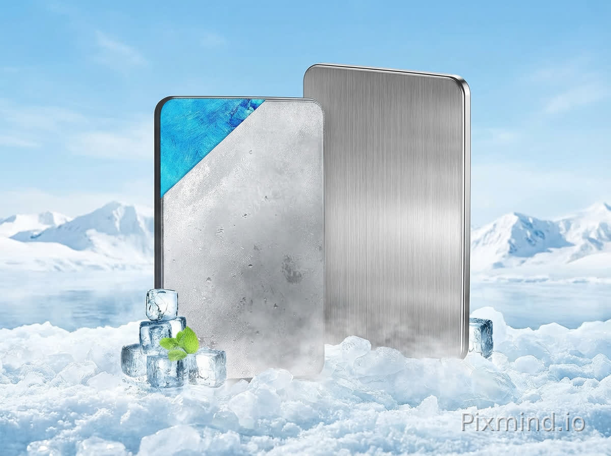 Place the product from the first image in a snowy, icy setting similar to the one in the second image.