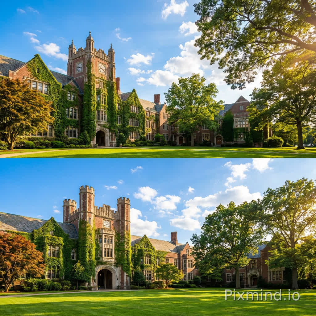Ultra-realistic 8K high-definition photography, bright sunny day, classic Ivy League style campus buildings of Great Neck South High School and Jericho High School in Long Island New York, exterior walls covered with lush green ivy, clear blue sky and white clouds, dense green lawns and tall trees, grand elegant architectural texture, natural soft sunlight, cinematic atmosphere, pure landscape with no text, no characters, no logos, no captions --ar 16:9 --style raw