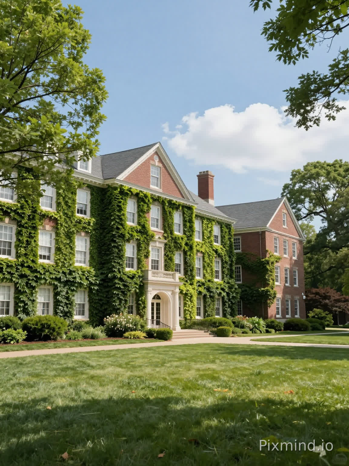 Ultra-realistic ins style photography, 8K high definition, bright sunny day, classic Ivy League campus of Great Neck South High School and Jericho High School in Long Island New York, buildings covered with dense green ivy, lush lawns, blue sky and white clouds, fresh and elegant American elite campus scenery, soft natural light, cinematic texture, pure scenery without any text, characters, logos or subtitles --ar 3:4 --style raw