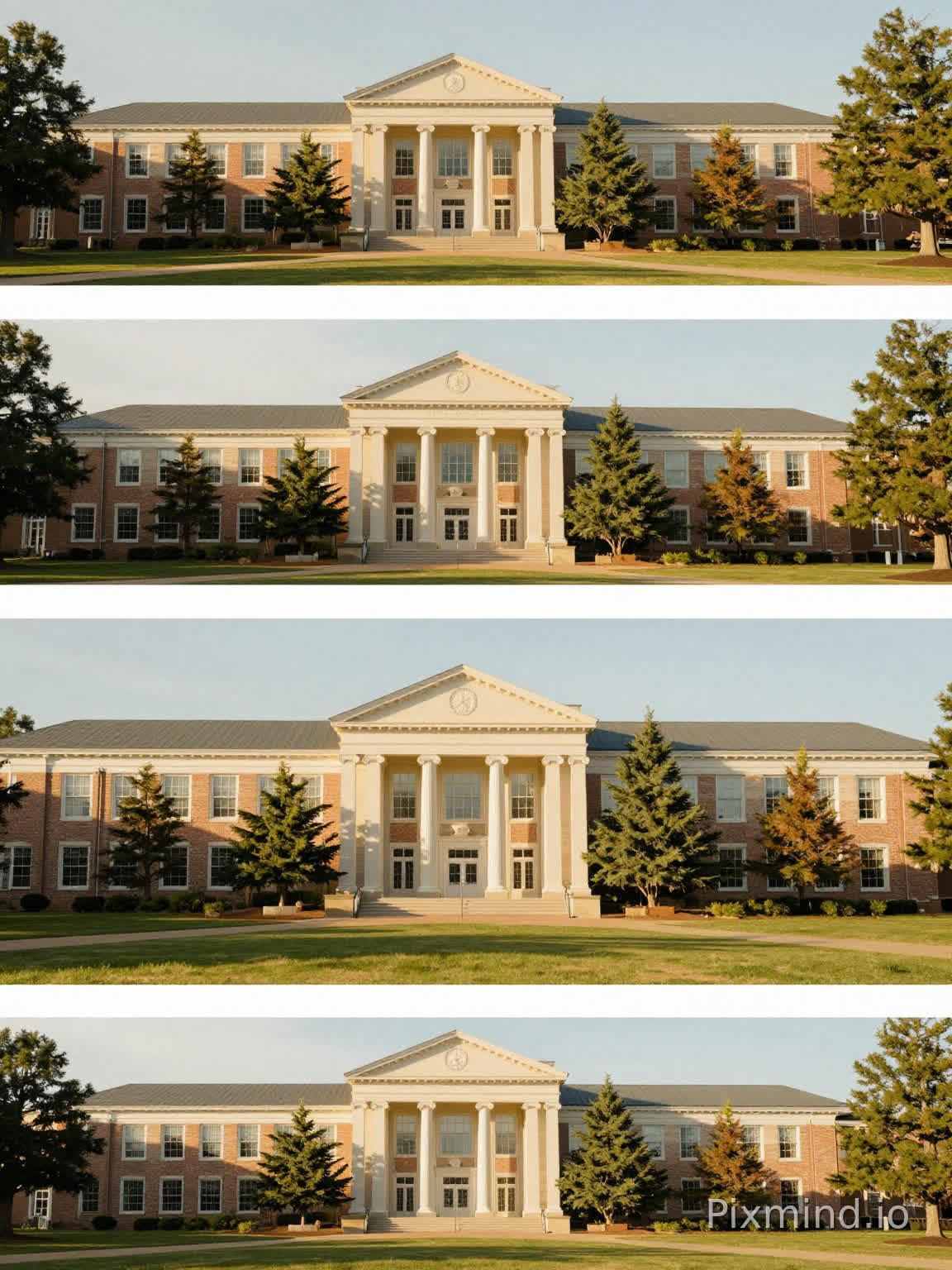 8K fresh aesthetic campus collage, vertical 3:4 layout, four spliced classic architectural views of Jericho, Great Neck, Syosset, Manhasset high school in Long Island, unified warm natural light, clean picture transition, high-end minimalist educational visual, no text, no numbers, no labels, pure building landscape shooting --ar 3:4