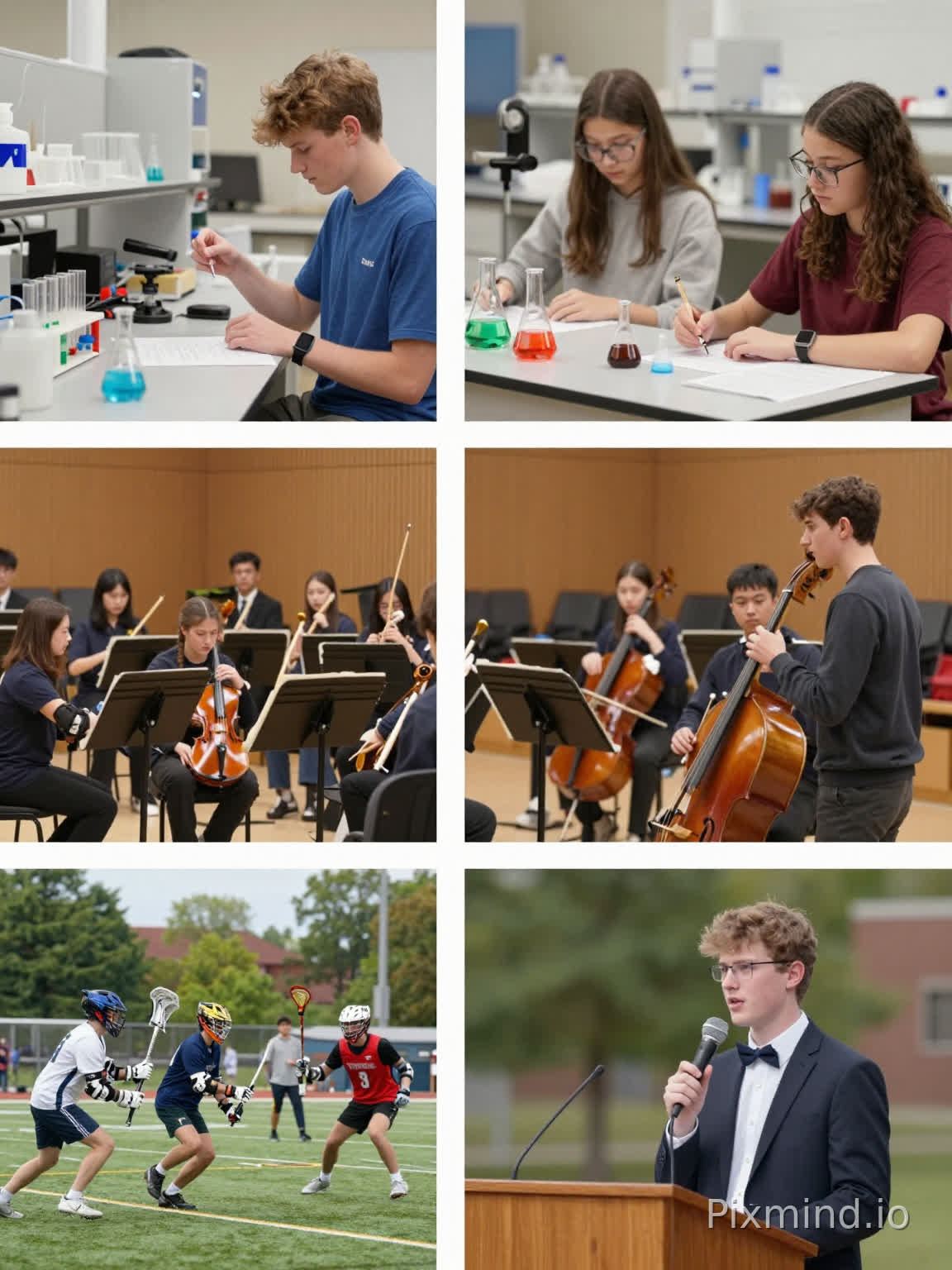 Ins wind documentary four-grid vertical photography, American top high school daily life, all people in the picture are white foreign American teenagers, no Asian faces at all: ① Caucasian students doing professional scientific experiments in advanced modern laboratory; ② Western symphony orchestra performers performing in grand campus auditorium; ③ Foreign teenage players in exciting Lacrosse sports competition moment on outdoor field; ④ A white foreign student speaking confidently at MUN activity, fresh color tone, youthful vitality, full picture no text, no subtitles, no decorative characters --ar 3:4