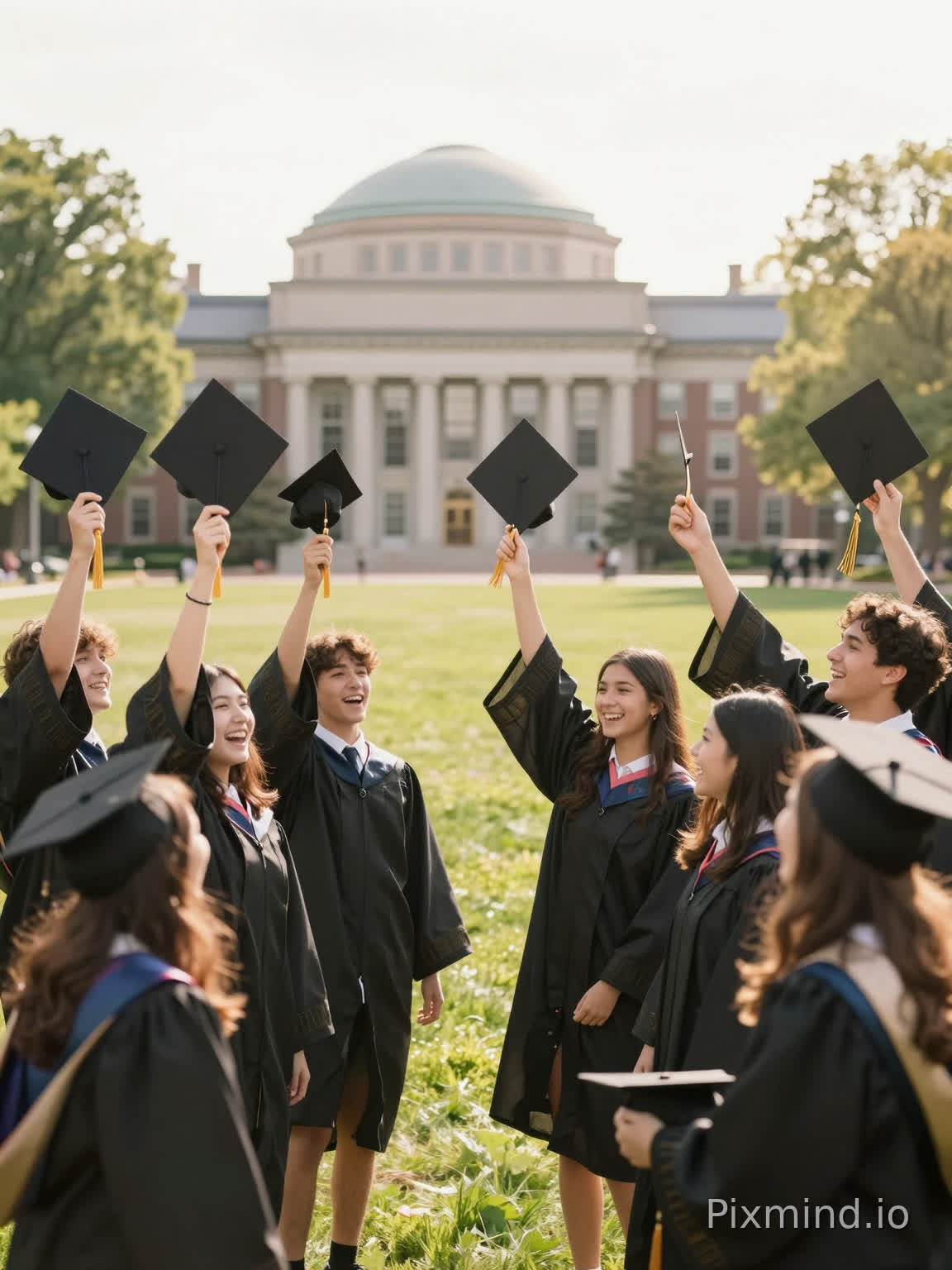 Warm graduation season vertical shooting, Long Island high school students cheering and throwing graduation caps on the lawn, bright sunshine, happy youthful atmosphere, background with faint silhouette of Ivy League classic campus buildings (Harvard, Yale, Cornell, NYU only architectural outline), soft halo gentle filter, romantic advanced sense, no data charts, no text, no logos, pure atmospheric scene --ar 3:4