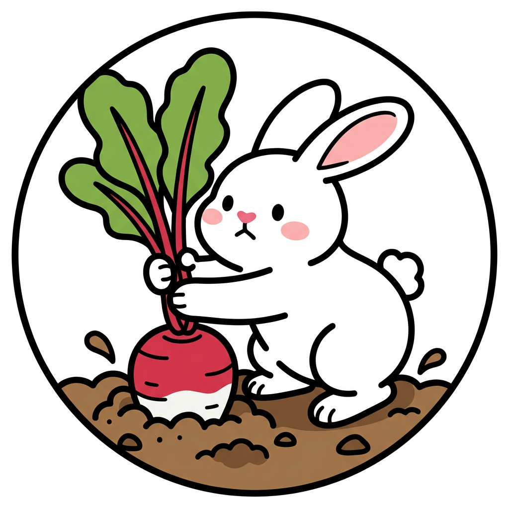 Follow the design style of Picture 1, refer to the action of the little rabbit pulling the radish in Picture 2 to highlight the action of pulling the radish while it is still in the soil, with a white background.