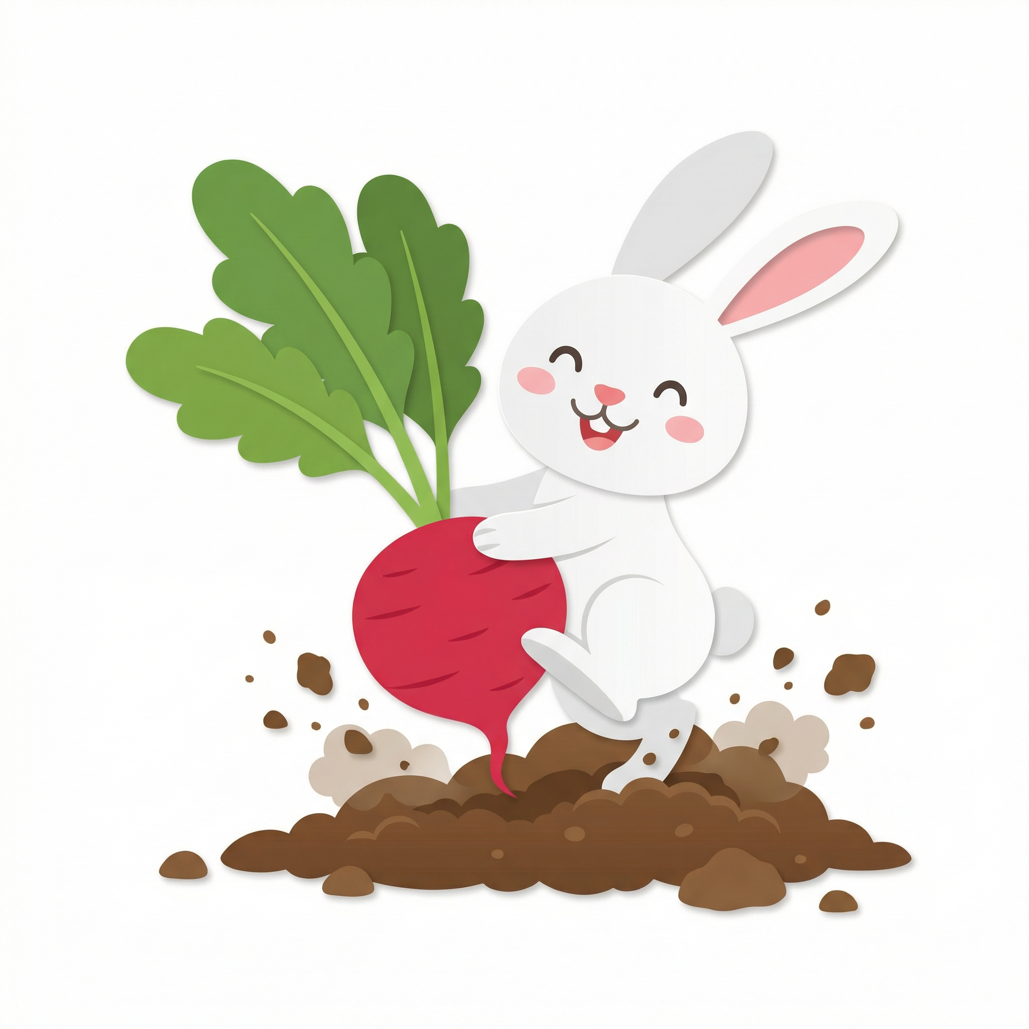 Follow the design style of Image 1. Adopt the action of the little rabbit pulling the radish from Image 2, emphasizing the dynamic movement of pulling the radish out of the soil. The rabbit's expression should be happy, consistent with Image 1. Use a pure white background with no texture.