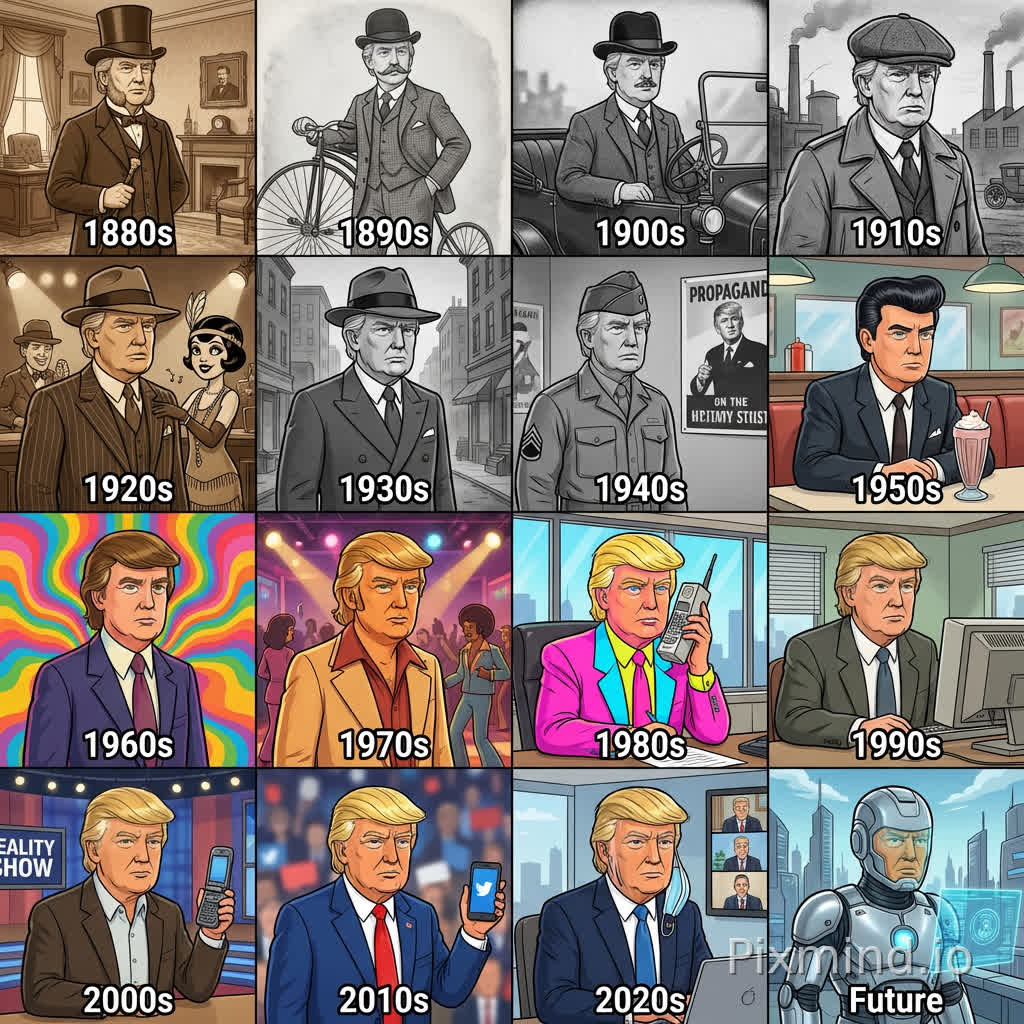 Create a 4×4 grid starting from the 1880s. In each area, my image should reflect the style of that era (clothing, hairstyle, beard, accessories). The colors, backgrounds and film style should also be applied accordingly. I'm Trump. Cartoon style