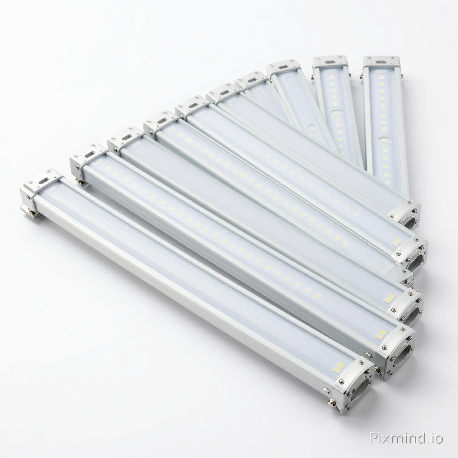 12 pack V-shaped T8 integrated LED tube lights, 8ft 2.4m, realistic industrial product photography, clean parallel arrangement, one tube angled to show V shape dual light surface, aluminum body with frosted cover, subtle LED chip detail, pure white background, soft shadow, no glow effect, accurate proportions, ultra realistic, Amazon main image style, sharp focus, high detail