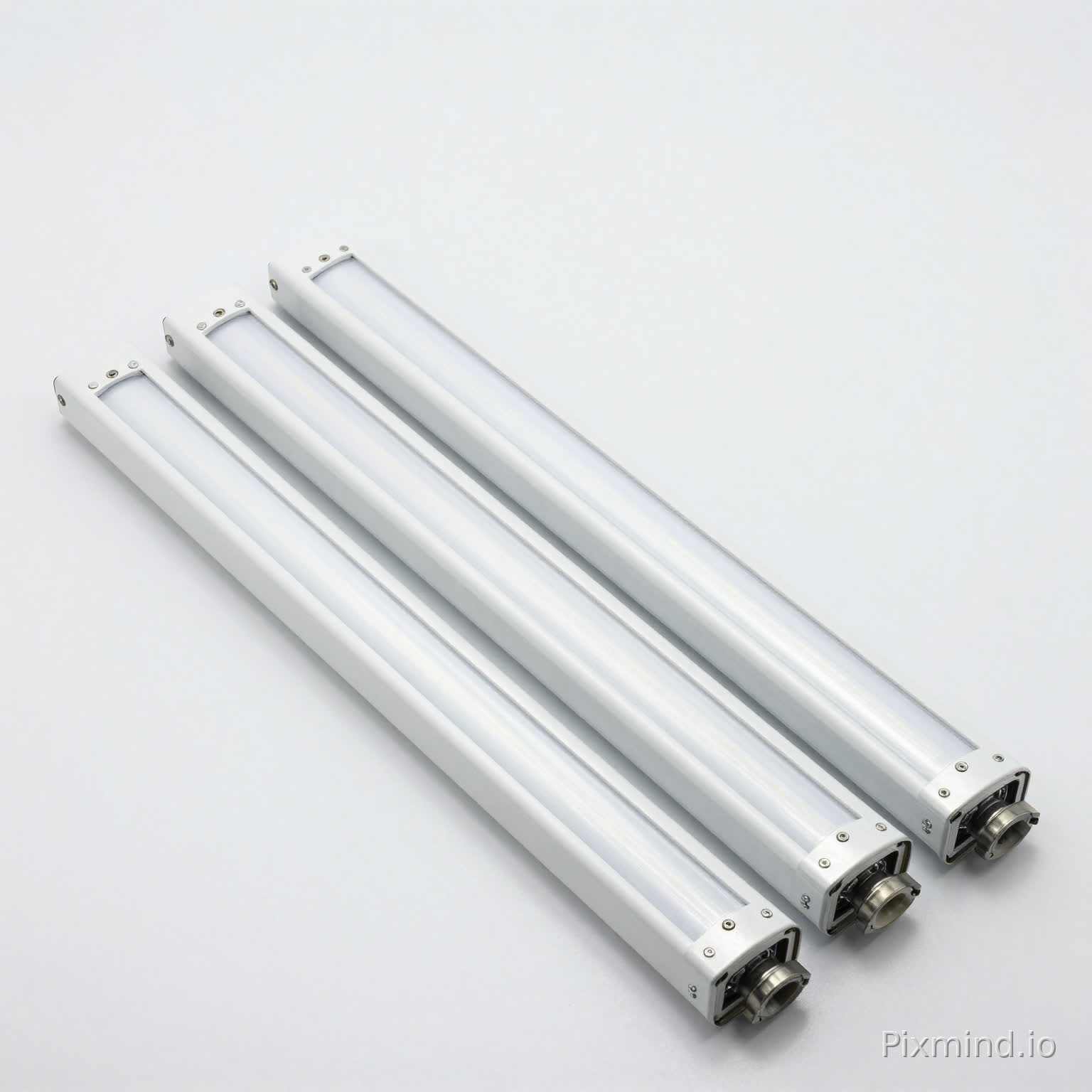12 pack V-shaped T8 integrated LED tube lights, 8ft 2.4m, realistic industrial product photography, clean parallel arrangement, one tube angled to show V shape dual light surface, aluminum body with frosted cover, subtle LED chip detail, pure white background, soft shadow, no glow effect, accurate proportions, ultra realistic, Amazon main image style, sharp focus, high detail