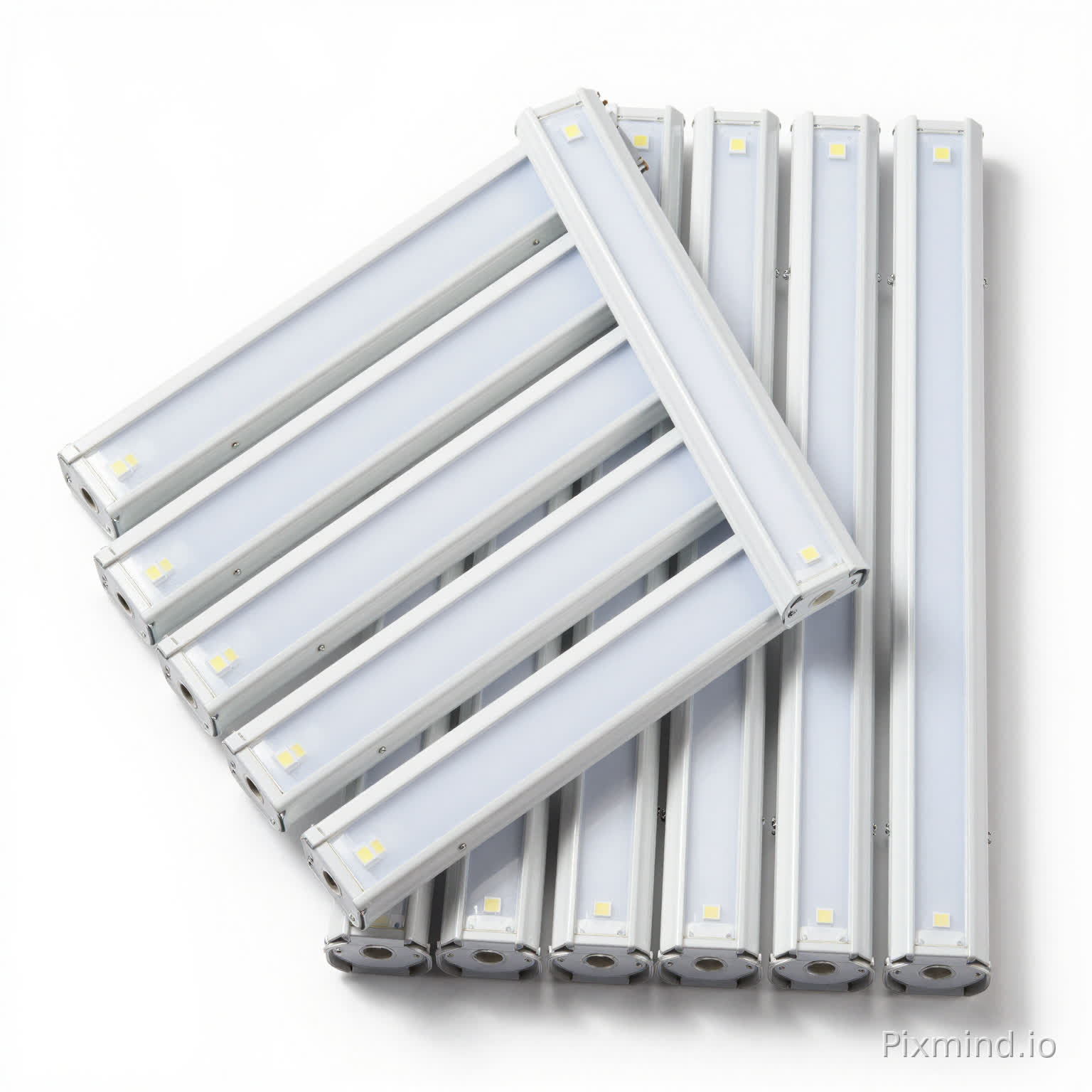 12 pack V-shaped T8 integrated LED tube lights, 8ft 2.4m, realistic industrial product photography, clean parallel arrangement, one tube angled to show V shape dual light surface, aluminum body with frosted cover, subtle LED chip detail, pure white background, soft shadow, no glow effect, accurate proportions, ultra realistic, Amazon main image style, sharp focus, high detail