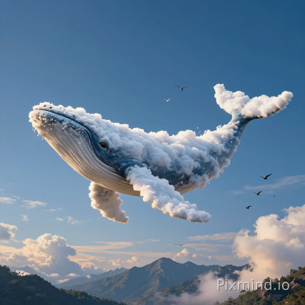 A surreal dreamscape showing a giant whale formed entirely out of white fluffy cumulus clouds, swimming through a deep blue sky above a mountain range. Small birds are flying around the cloud whale. The lighting represents golden hour, illuminating the edges of the cloud shapes. Dreamy atmosphere, fantasy art style, detailed matte painting, sense of wonder and scale.