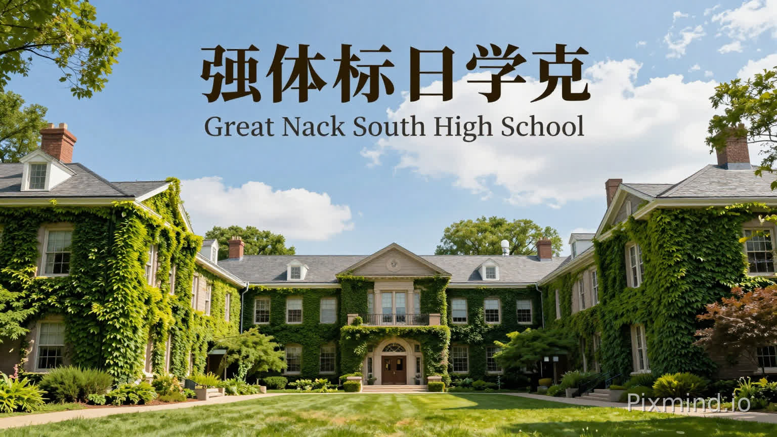 Ultra-realistic 8K high-definition photography, bright sunny day, lush green ivy covering the top campus buildings of Great Neck South High School and Jericho High School in Long Island New York, classic American Ivy League style architecture, dense green vegetation and blue sky with white clouds, grand and elegant campus atmosphere, reserved blank space for large title text and label typesetting, high-end graphic design layout, eye-catching visual impact, warm natural light, rich details, cinematic texture --ar 16:9 --style raw