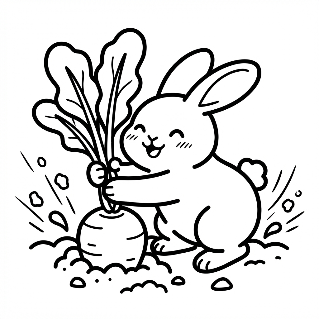 Style Reference: Refer to the style of Image 1.Action Reference: Generate a scene based on the action of Image 2, featuring a little rabbit pulling a radish.Task: Design a brand logo based on this scene. The Rabbit with a Cheerful Mood Consistent with the reference image (no Chinese or English in the image, no outer frame)