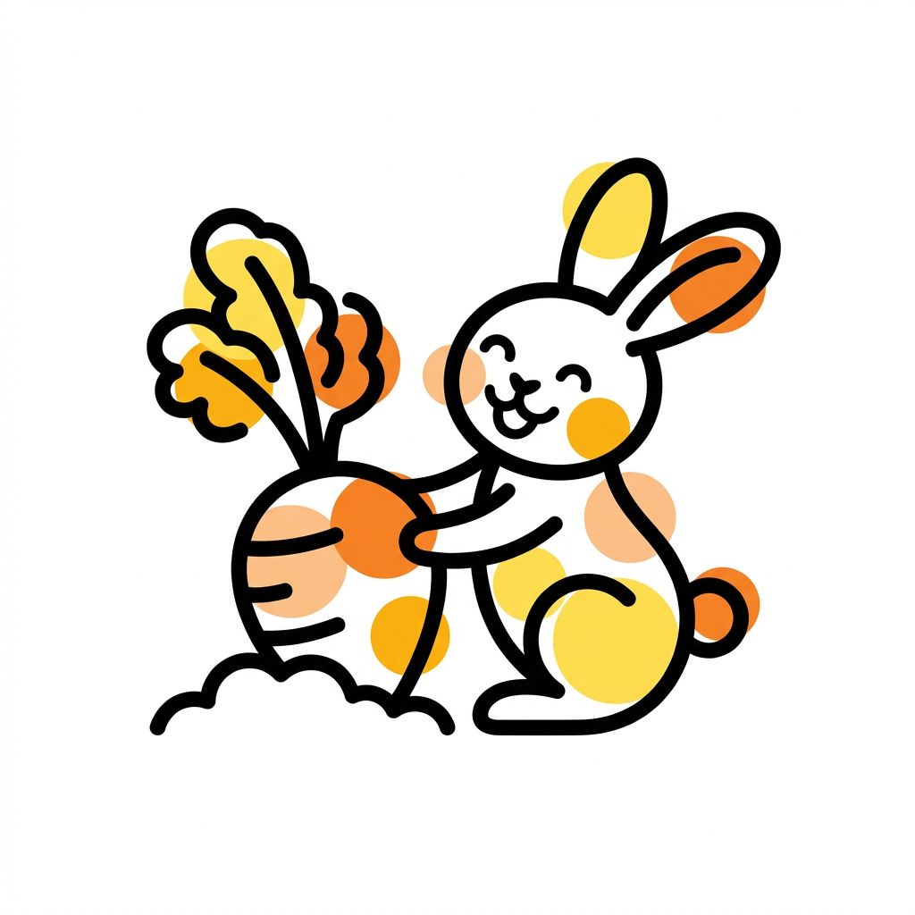 Style Reference: Refer to the style of Image 1.Action Reference: , featuring a little rabbit pulling a radish.Task: Design a brand logo based on this scene. The Rabbit with a Cheerful Mood Consistent with the reference image (no Chinese or English in the image, no outer frame) The rabbit pulling the radish out of the soil