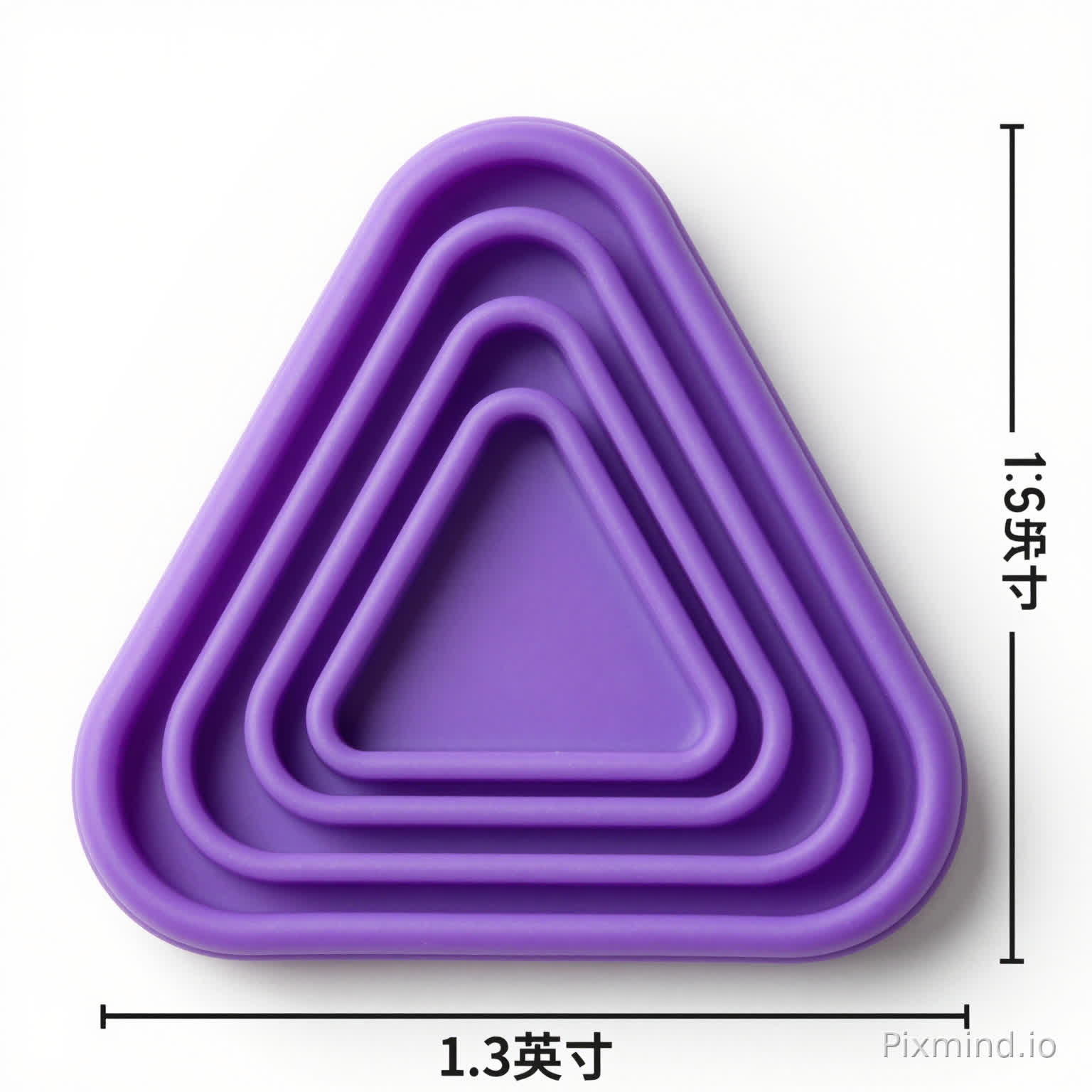 高清商业产品摄影,纯白色背景,主体为哑光纯紫色多层同心圆角三角形嵌套减压解压玩具,带有三层向内收缩的圆角三角形凹槽结构,整体为均匀饱和的紫色调,磨砂硅胶质感,轮廓清晰顺滑,右侧带有标注“1.6英寸”的垂直尺寸刻度线,底部带有标注“1.3英寸”的水平尺寸刻度线,极简产品尺寸展示图,背景干净整洁无杂物,光影柔和自然,细节清晰,8K分辨率