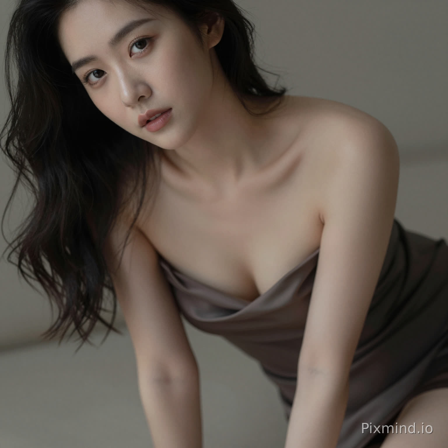 A sensual woman leaning slightly forward, deep neckline dress, subtle cleavage, inviting gaze, soft focus background, intimate framing, realistic skin highlights, moody lighting, editorial sensual photography