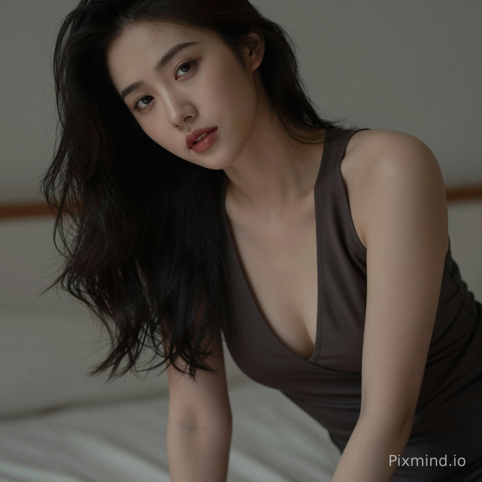 A sensual woman leaning slightly forward, deep neckline dress, subtle cleavage, inviting gaze, soft focus background, intimate framing, realistic skin highlights, moody lighting, editorial sensual photography