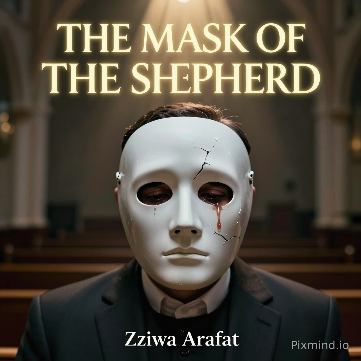 Prompt: A cinematic, hyper-realistic book cover. A pastor in a dark suit stands facing forward under soft church lighting, slightly bowed head. His face is partially covered by a smooth, white porcelain mask symbolizing strength and perfection. The mask is visibly cracked, with pieces slightly falling off. Behind the mask, his real face is revealed—tired, emotional, with tears in his eyes. Background is a dimly lit church sanctuary with blurred pews and soft golden light beams from above. Atmosphere is moody, dramatic, and spiritual. High contrast lighting, deep shadows, ultra-detailed skin texture, cinematic depth of field.
Text placement:
Title (top): THE MASK OF THE SHEPHERD (bold, elegant serif, gold or white glow)
Author: Zziwa Arafat