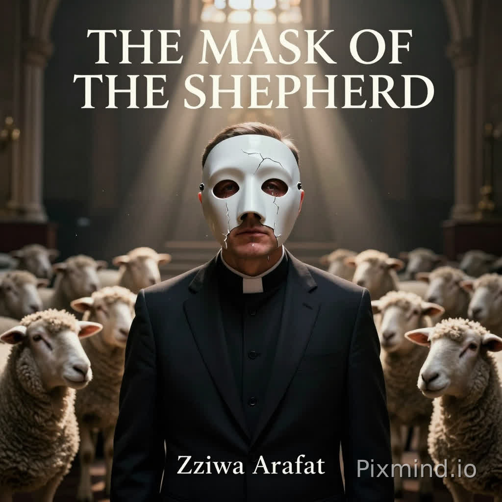 Prompt: A cinematic, hyper-realistic book cover. A pastor dressed in a dark suit stands at the center, facing forward under soft, dramatic church lighting. His face is partially covered by a smooth white porcelain mask symbolizing strength and perfection. The mask is visibly cracked, with small fragments breaking away.
Behind the mask, his real face is revealed—tired, emotionally heavy, with tears forming in his eyes.
Behind him, slightly out of focus but clearly visible, stands a small flock of sheep, quietly gathered and looking toward him. The sheep are calm but dependent, symbolizing the people he leads. Their presence adds emotional weight, showing responsibility and silent expectation.
The setting is a dimly lit church sanctuary fading into darkness, with soft golden rays of light streaming down from above, creating a spiritual atmosphere. Dust particles visible in the light beams. The overall tone is moody, deep, and emotionally powerful.
High contrast lighting, cinematic depth of field, ultra-detailed textures, realistic skin, dramatic shadows, 8K quality.
✍️ Text Layout (IMPORTANT)
Top (bold, elegant serif):
THE MASK OF THE SHEPHERD
Bottom:
Zziwa Arafat