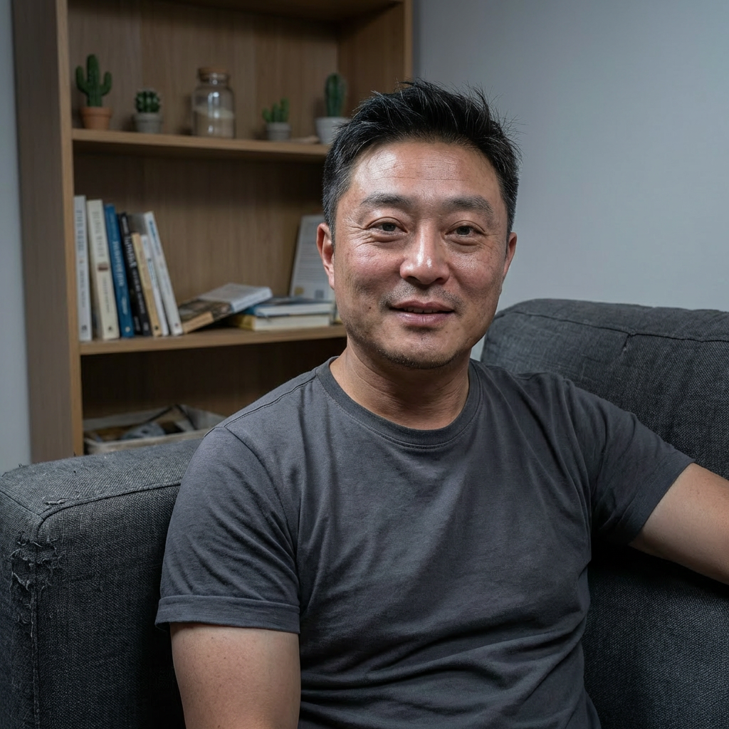 场景与环境:
同一办公室夜晚场景,背景可见简约书架一角,放几本书与沙漠主题小摆件,书架轻微不齐,有真实使用痕迹;沙发为深灰色布艺,自然旧感,不崭新、不刻意。
灯光:
中性冷白光为主,光线自然柔和,有轻微明暗层次,不追求均匀补光,保留真实办公照明质感。
构图、角度、景别:
正面平视,中近景(胸以上),人物身体微侧对镜头,略微后倾,背景浅虚化,纪实生活影像风格。