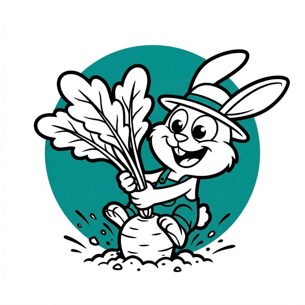 Design in the style of Image 1, with the rabbit pulling the radish out of the ground as shown in Image 2, emphasizing the pulling action. Use a pure white background with no textures. Keep the rabbit’s expression happy and consistent with Image 1. Match the style of the reference images closely.