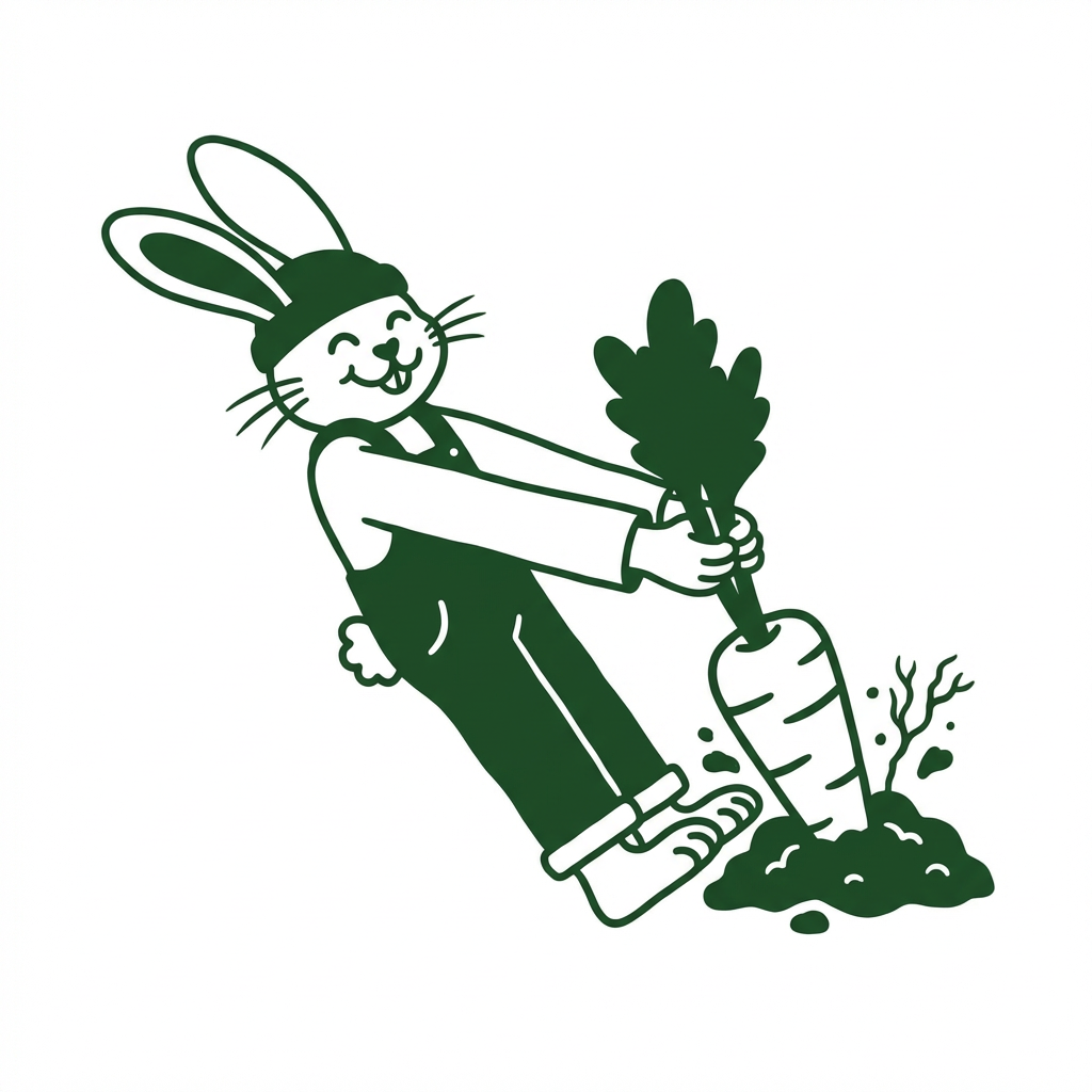 Design in the style of Image 1, , emphasizing the pulling action. Use a pure white background with no textures. Keep the rabbit’s expression happy and consistent with Image 1. Match the style of the reference images closely.Prefer exaggerated flat style.