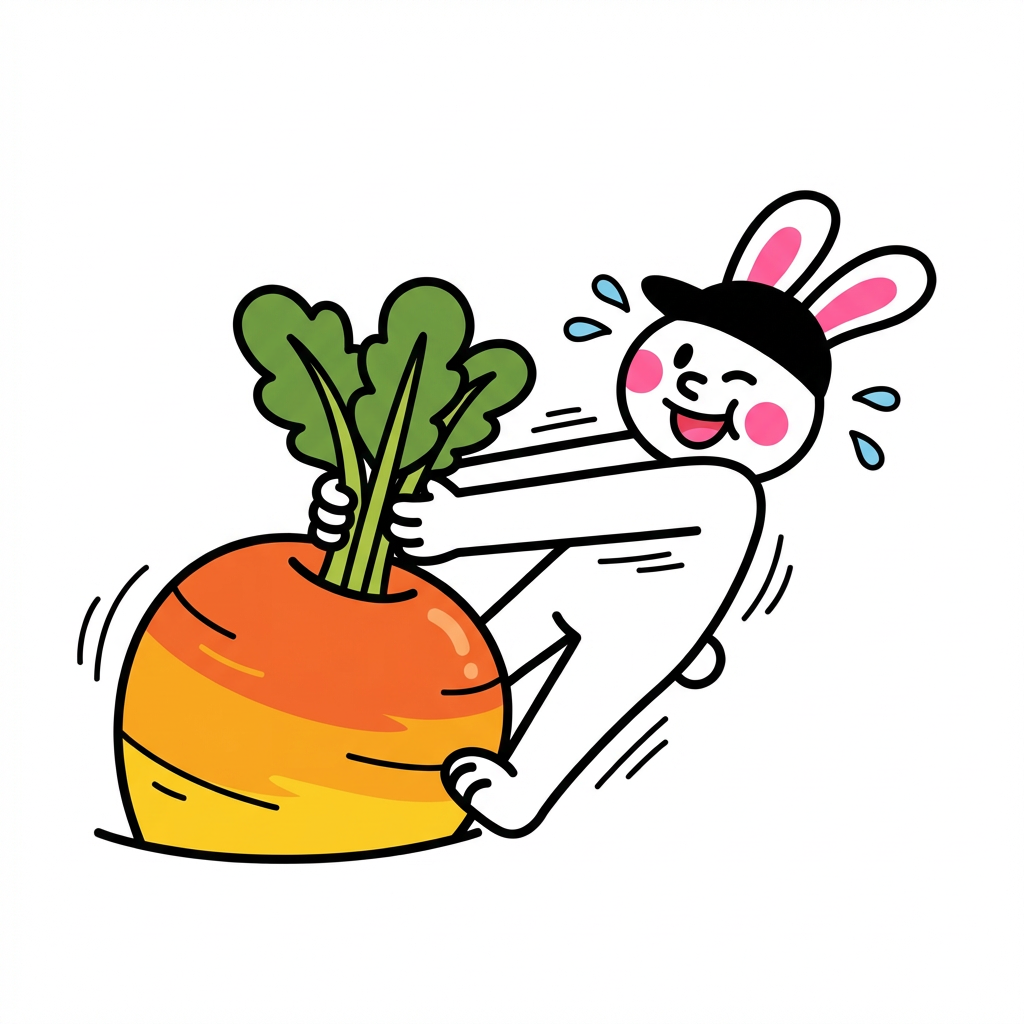 Design in the style of Image 1, , emphasizing the pulling action. Use a pure white background with no textures. Keep the rabbit’s expression happy and consistent with Image 1. Match the style of the reference images closely.Prefer exaggerated flat style.The ratio of rabbits to radishes needs to be more harmonious.It is necessary to maintain a harmonious ratio between rabbits and radishes.