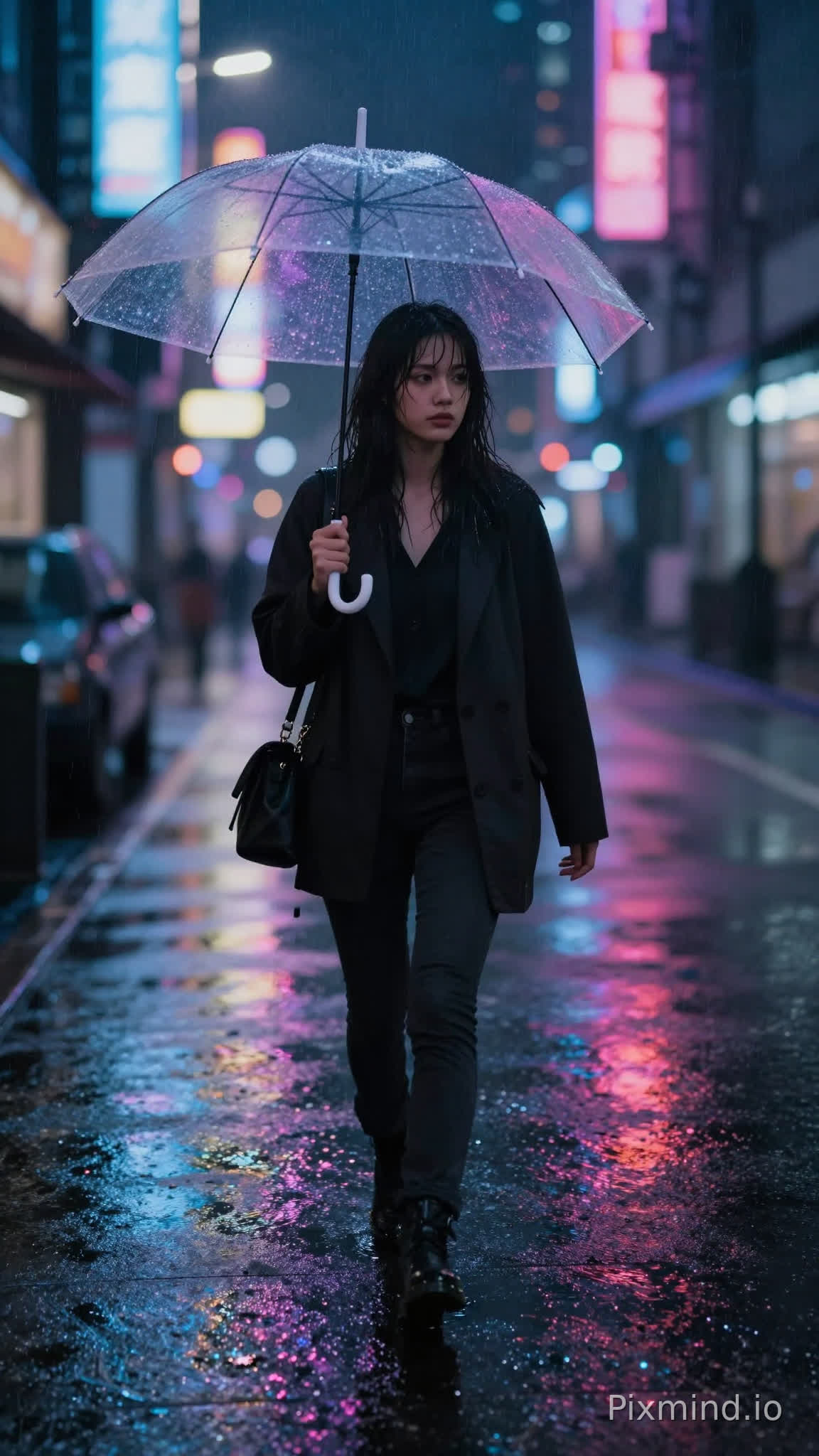 A full-body shot of a young woman walking alone down a deserted, neon-lit cyberpunk street on a heavy rainy night. She is holding a clear umbrella, which reflects the vibrant blues, purples, and pinks of the surrounding signs. Her dark hair is slightly wet, clinging to her face. The wet pavement reflects the city lights like a mirror. The atmosphere is melancholic and cinematic. Detailed rain droplets are visible. Shot on an 85mm lens, f/1.8, bokeh city lights, film noir aesthetic, ultra-realistic, 8k.
