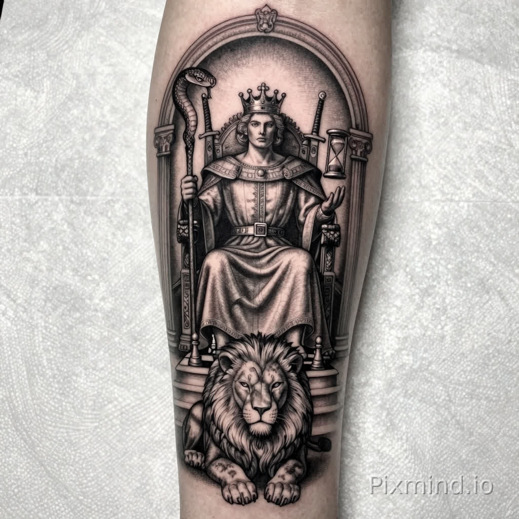 Intricate black and white tattoo design for a forearm sleeve, masterfully shaded in a high-contrast neo-traditional style. A king with short curly hair and an ornate crown sits regally on a throne; he holds a staff topped with a detailed boa constrictor head while his left palm faces upward, a floating hourglass hovering above it with sand nearly depleted. Behind the throne, three samurai swords are mounted on the wall facing right. The scene is framed by a majestic half-oval arch supported by elegant Ionic columns. The floor is a polished chessboard with pieces positioned in a checkmate. At the base of the steps, a stoic sphinx lion lies facing forward, featuring a prominent long scar over its right eye. Professional linework, fine-line detailing, stipple shading, hyper-realistic textures, vertical composition tailored for a sleeve, masterpiece, high quality, stencil.