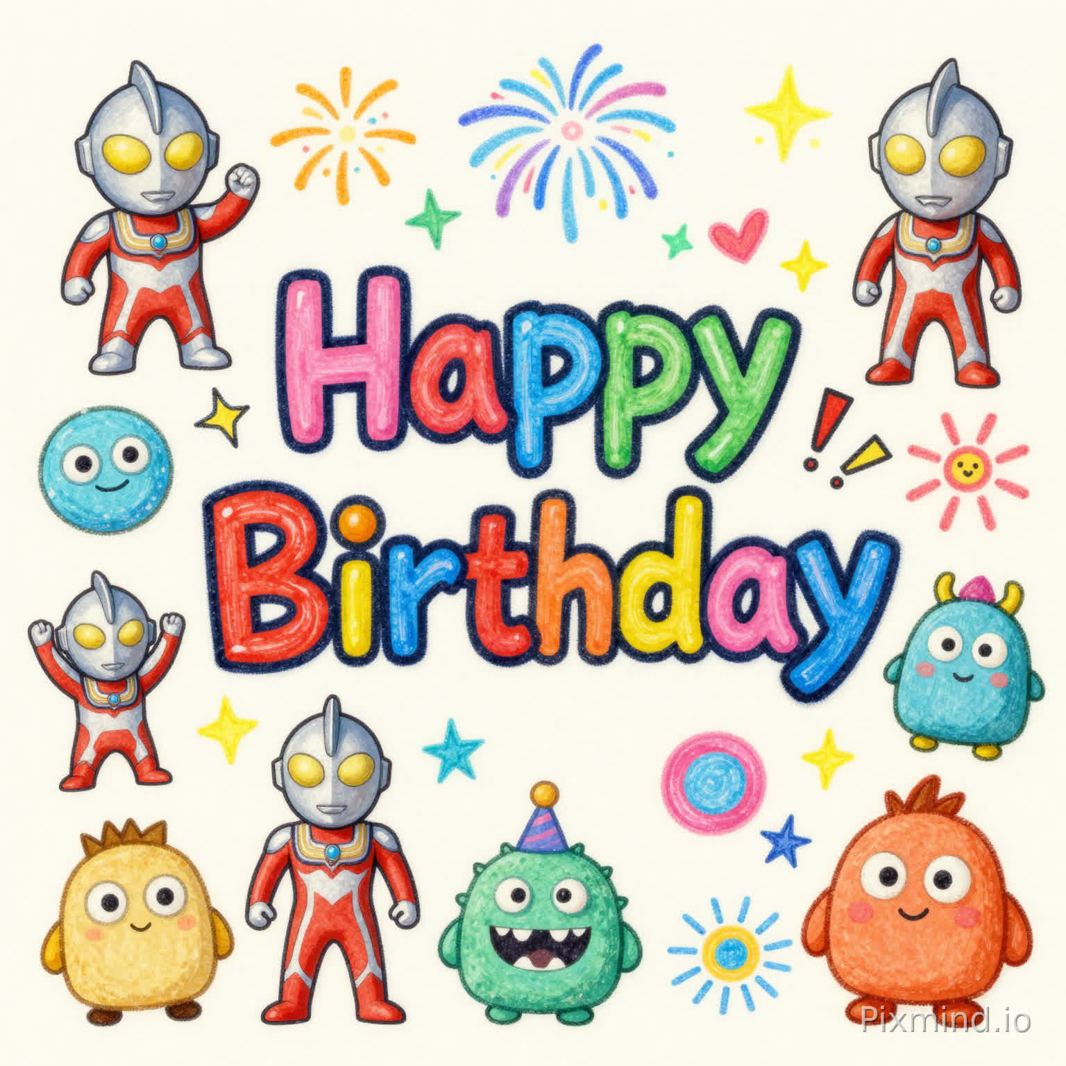 Hand-drawn Ultraman themed birthday pattern, main subject is colorful hand-drawn graffiti-style "Happy Birthday" artistic text, multiple chibi mini Ultraman and various cute one-eyed, multi-eyed, soft and cute monsters around the text, decorated with colorful fireworks, stars and other birthday elements. Background is off-white canvas fabric texture, no extra scenes, elements arranged freely and balanced around the central text. Style: crayon hand-drawn graffiti, chibi cartoon illustration, clumsy and rounded lines, soft and cute shapes, full of childishness. Color tone: high-saturation bright macaron color palette, vibrant mix of yellow, pink, blue, green, red, orange, bright and lively colors, authentic hand-drawn rich color feeling. Eye-level full-frame composition, full picture, evenly distributed elements, visual focus on the birthday text. Details: hand-drawn crayon texture, canvas fabric texture, clumsy lines, rich small decorative elements, ultra-detailed, high resolution, no watermark, full of vitality, print-ready, authentic hand-drawn childish charm