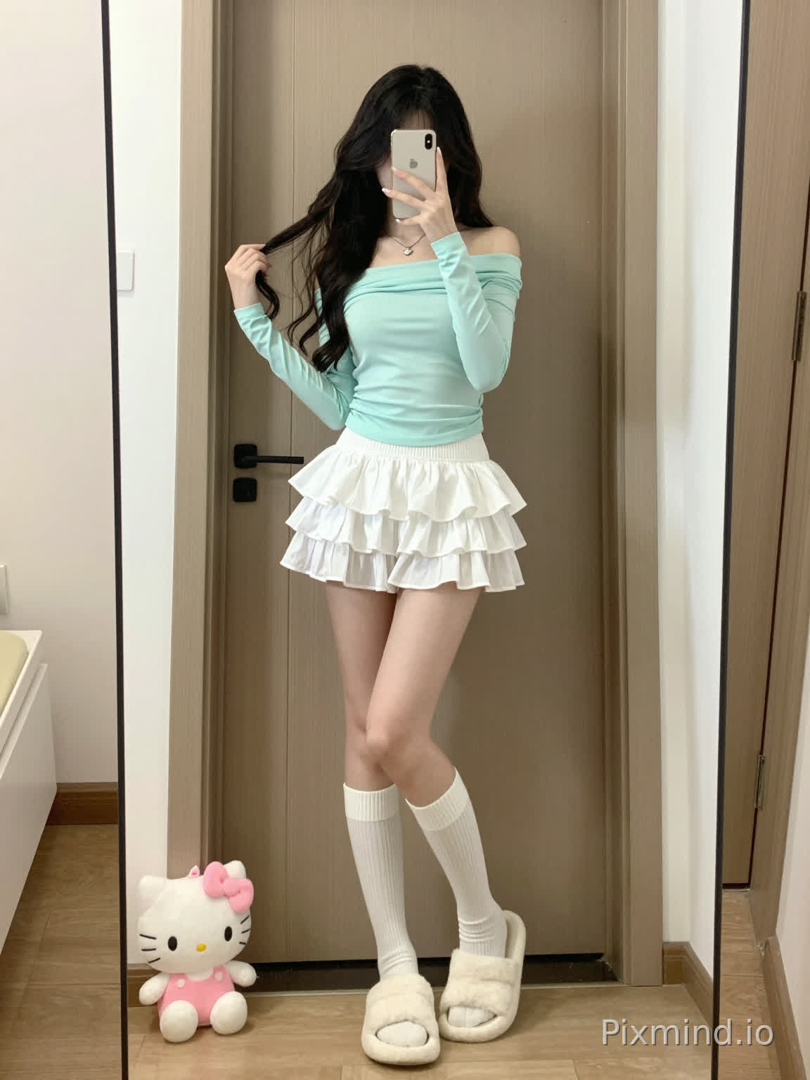 ### Natural Scene Description
This is a daily at-home mirror selfie. The main subject of the picture is a young slender East Asian girl: she has long wavy black curls, one hand holds a mobile phone to block her face for the selfie, the other hand twists a strand of hair gently, and she stands with legs crossed, presenting a fresh, sweet and spicy style. She wears a light mint green off-the-shoulder one-line neck long-sleeve fitted cropped top, paired with a white double-layer ruffled mini cake skirt, on her legs are vertical-ribbed off-white slouch knee-high socks, and she wears white closed-toe fluffy slippers on feet. The background is a light log-colored indoor door. A pink-white Hello Kitty plush doll is placed on the ground at the lower left corner of the mirror. The whole space is clean and minimalist, with soft and daily light, creating a youthful and sweet atmosphere for casual daily wear.
---
### Available Prompt Words for AI Painting Model
`full-body mirror selfie, young slender fair-skinned East Asian girl, long wavy black hair, one hand holding smartphone covering face, one hand twisting hair strand, ankles crossed standing, off-the-shoulder long sleeve fitted cropped top, light mint green, white double-layer ruffled tiered mini skirt, white ribbed slouch knee-high socks, white fluffy closed-toe slippers, indoor home doorway, light brown wooden door background, small pink white Hello Kitty plush doll at mirror corner, soft natural indoor lighting, clean minimalist room, realistic daily photograph, sweet preppy style, soft warm tone, high detail`