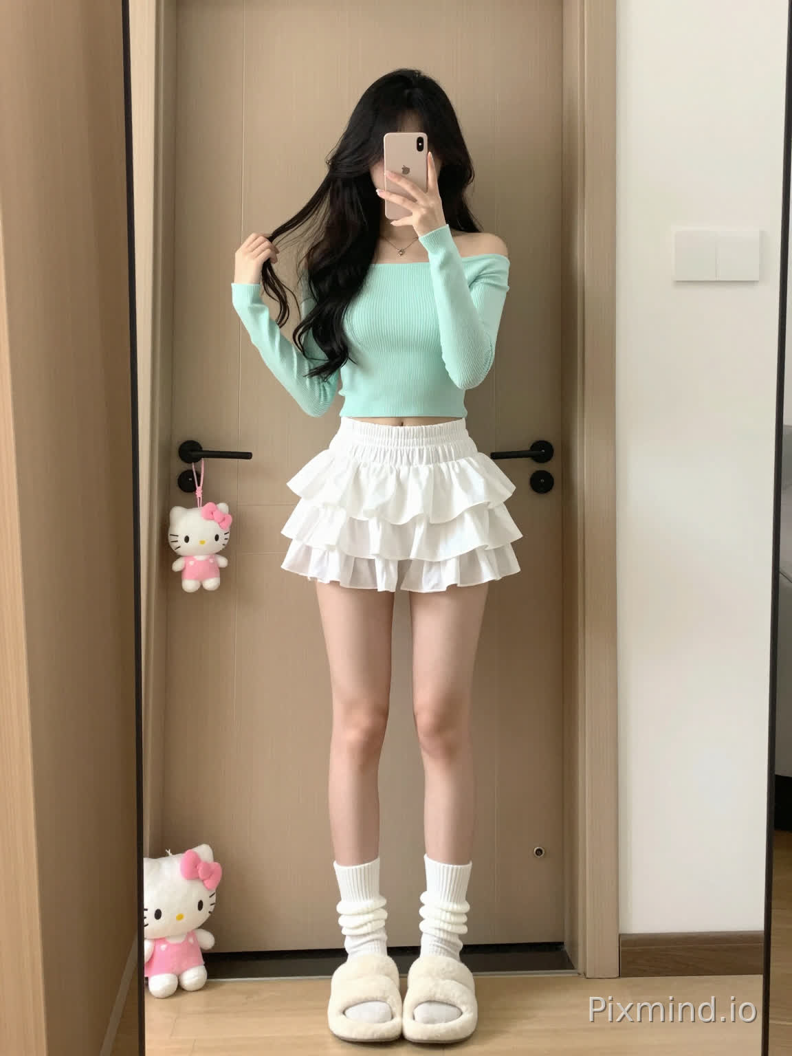 ### Positive AI Art Prompts (Compatible with models such as Midjourney/Stable Diffusion)
full body shot, mirror selfie, young slender fair-skinned East Asian girl, long wavy black hair, one hand holding smartphone covering face, the other hand grabbing hair, standing against indoor door, wearing mint green off-shoulder fitted cropped long sleeve knit top, white double-layer ruffled mini cake skirt, white ribbed slouchy mid-calf socks, white fluffy flat slippers, minimalist home entrance, light beige wooden door, small plush ornament hanging on door handle, pink Hello Kitty plush doll at the bottom left of full-length mirror, soft warm indoor natural light, gentle pastel color palette, korean daily casual fashion, soft aesthetic, clear focus, photorealistic, high resolution, daily OOTD vibe
---
### Negative Prompts:
blurry, distorted anatomy, extra limbs, deformed, low resolution, ugly, harsh light, messy background, over-saturated, wrong proportion