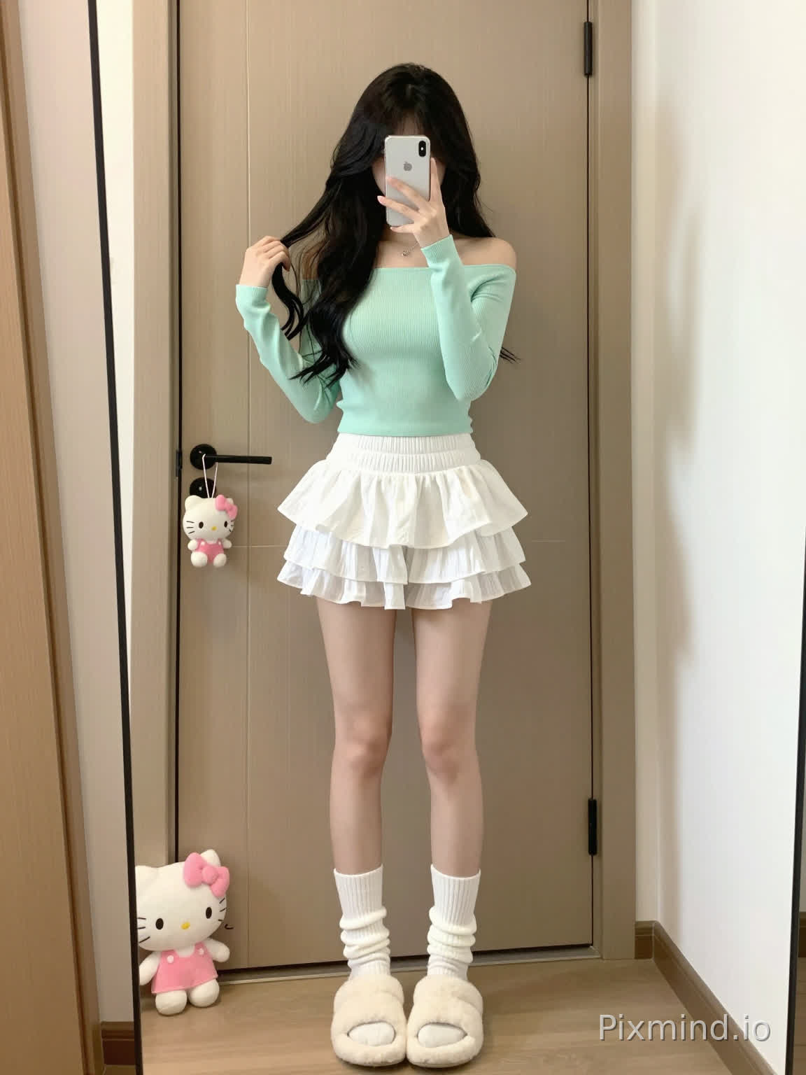 ### Positive AI Art Prompts (Compatible with models such as Midjourney/Stable Diffusion)
full body shot, mirror selfie, young slender fair-skinned East Asian girl, long wavy black hair, one hand holding smartphone covering face, the other hand grabbing hair, standing against indoor door, wearing mint green off-shoulder fitted cropped long sleeve knit top, white double-layer ruffled mini cake skirt, white ribbed slouchy mid-calf socks, white fluffy flat slippers, minimalist home entrance, light beige wooden door, small plush ornament hanging on door handle, pink Hello Kitty plush doll at the bottom left of full-length mirror, soft warm indoor natural light, gentle pastel color palette, korean daily casual fashion, soft aesthetic, clear focus, photorealistic, high resolution, daily OOTD vibe
---
### Negative Prompts:
blurry, distorted anatomy, extra limbs, deformed, low resolution, ugly, harsh light, messy background, over-saturated, wrong proportion