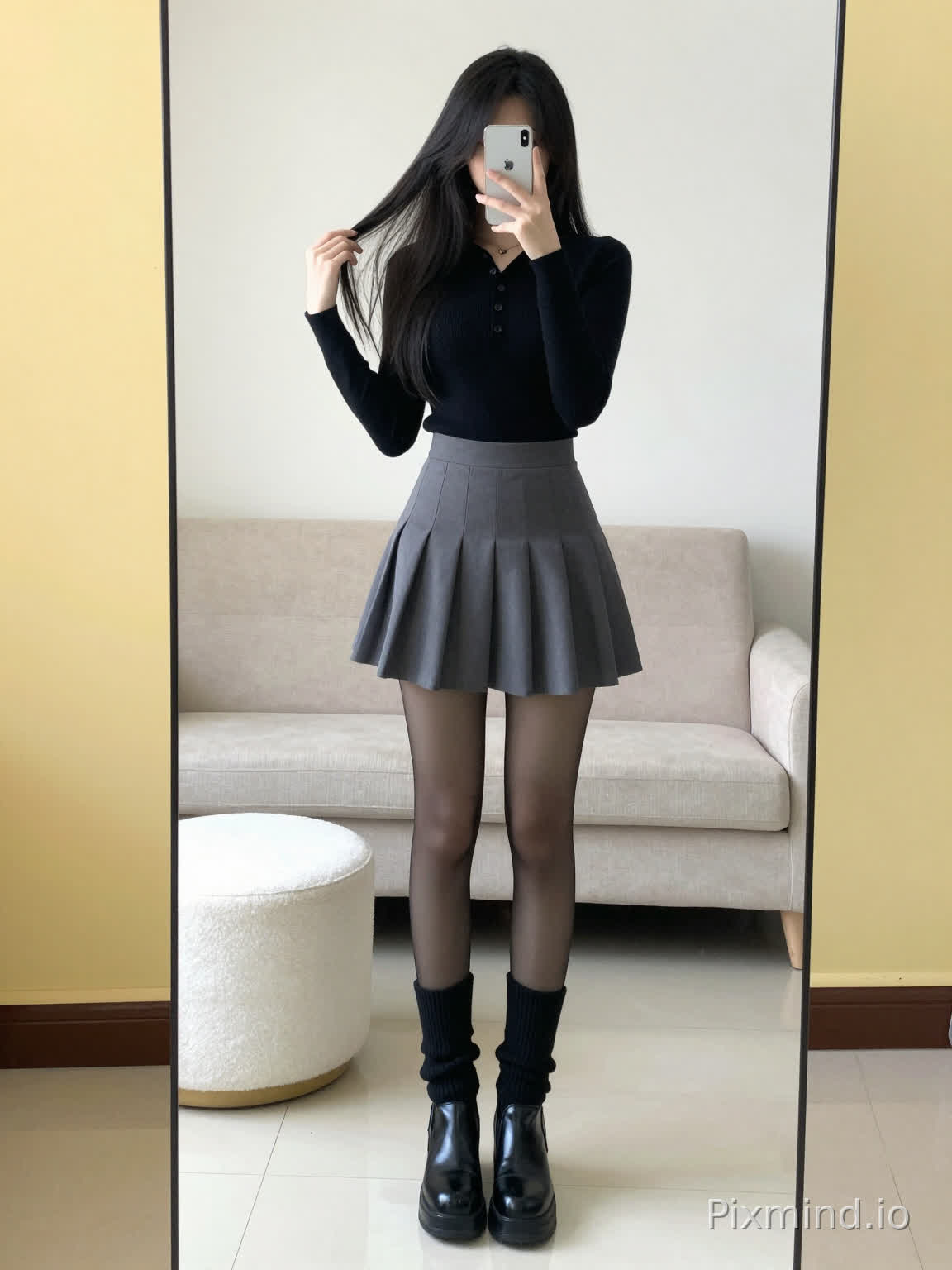 Whole body shot, mirror selfie, young, tall and slim East Asian girl, long straight jet-black hair, covering face with a silver Apple iPhone, one hand tugging hair, slender long legs, sweet and cool pure and alluring style, outfit: black fitted half-buttoned long-sleeve knit top, gray high-waisted pleated mini skirt, sheer black pantyhose, black slouched knitted leg warmers, glossy black platform chunky heel short boots, indoor home scene, full-length floor mirror, bright yellow walls on both sides of the mirror frame, background reflected in the mirror: light beige fabric sofa, white cylindrical fluffy ottoman, white glossy tiled floor, clean plain white wall, soft natural light, daily selfie atmosphere, clear details, realistic photo texture, Korean sweet and cool spicy girl style, clean composition, negative prompt: deformed hands, distorted limbs, blurry, low resolution, extra fingers, wrong anatomy, bad proportions, distorted face, over-saturated, messy background, ugly, mutated legs
