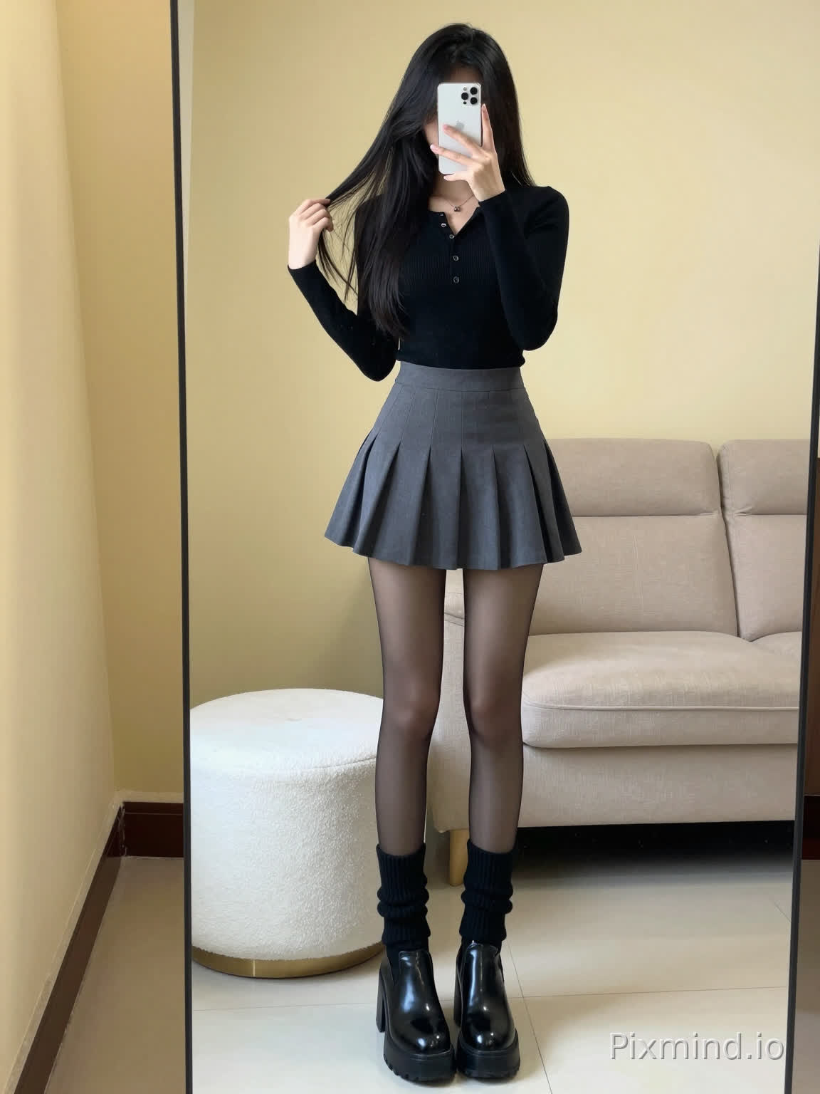 ### Prompts for Chinese AI painting models:
full body mirror selfie, young slim and slender young East Asian woman, long straight black hair, face blocked by a white smartphone, one hand holding the phone to cover the face, the other hand lightly tugging hair, slender straight long legs, black fitted half-buttoned long-sleeve knit top, grey pleated mini skirt, ultra-thin sheer black pantyhose, black wrinkled slouchy knit leg warmers, shiny black platform chunky heel ankle boots, daily outfit of pure and spicy girl, indoor home scene, warm yellow wall beside the full-length mirror, beige fabric sofa in the background, white fluffy cylindrical ottoman, white glossy tile floor, soft natural indoor light, clear details, realistic portrait, sharp focus, full-body composition, Korean sweet and cool dressing style
---
### Prompts for overseas AI painting models (Stable Diffusion/Midjourney):
full body mirror selfie, young slim East Asian woman, long straight black hair, face covered by white smartphone, one hand holding phone, one hand tugging hair, slender long legs, black fitted henley long sleeve knit top, grey pleated mini skirt, sheer black pantyhose, black slouchy knit leg warmers, black patent leather platform chunky ankle boots, pure spicy girl daily outfit, indoor home scene, warm yellow wall beside mirror, beige fabric sofa in background, white fluffy cylindrical ottoman, white glossy tiled floor, soft natural indoor light, clear details, realistic portrait, sharp focus, full body shot, korean sweet cool style aesthetic