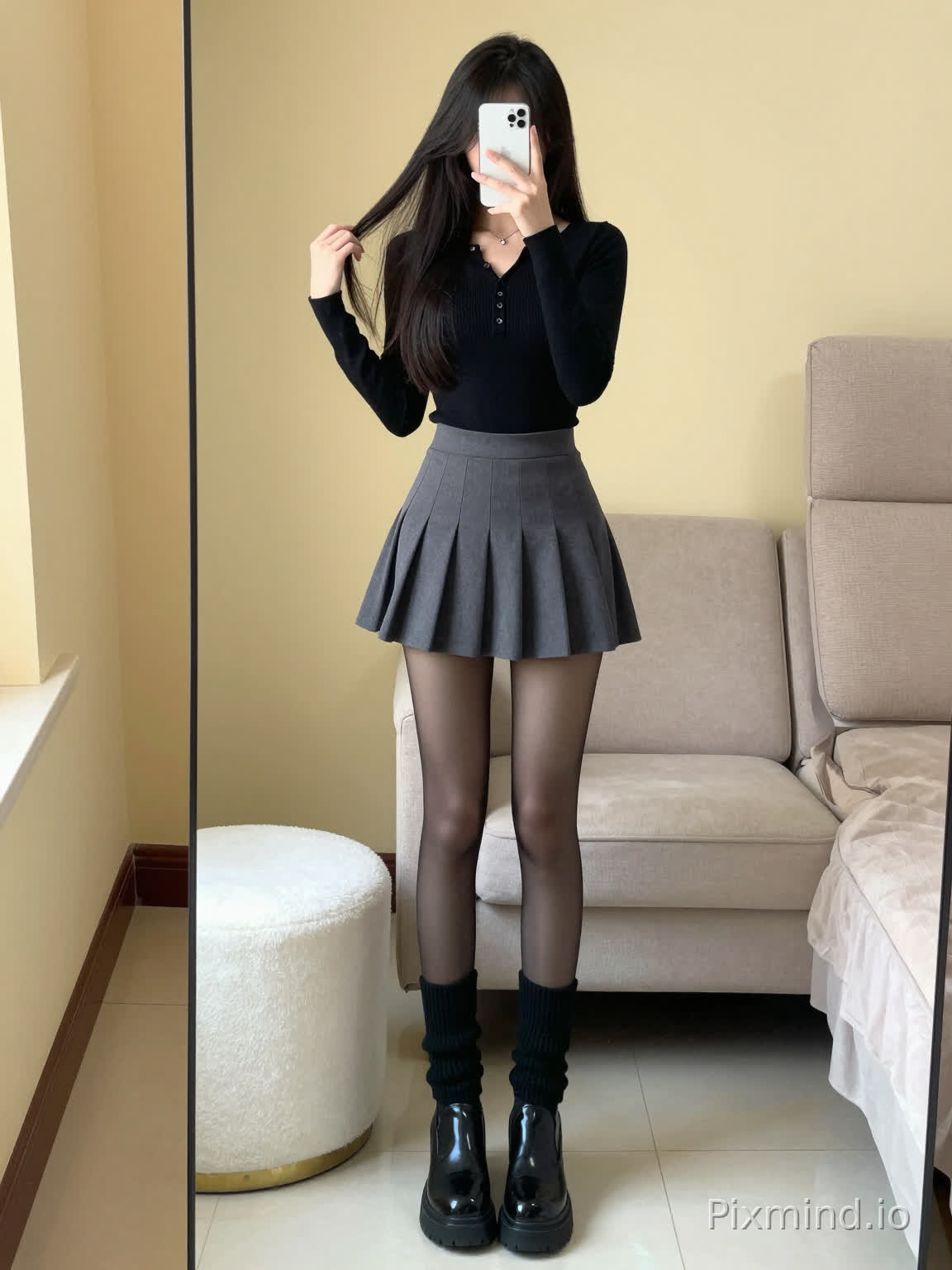 ### Prompts for Chinese AI painting models:
full body mirror selfie, young slim and slender young East Asian woman, long straight black hair, face blocked by a white smartphone, one hand holding the phone to cover the face, the other hand lightly tugging hair, slender straight long legs, black fitted half-buttoned long-sleeve knit top, grey pleated mini skirt, ultra-thin sheer black pantyhose, black wrinkled slouchy knit leg warmers, shiny black platform chunky heel ankle boots, daily outfit of pure and spicy girl, indoor home scene, warm yellow wall beside the full-length mirror, beige fabric sofa in the background, white fluffy cylindrical ottoman, white glossy tile floor, soft natural indoor light, clear details, realistic portrait, sharp focus, full-body composition, Korean sweet and cool dressing style
---
### Prompts for overseas AI painting models (Stable Diffusion/Midjourney):
full body mirror selfie, young slim East Asian woman, long straight black hair, face covered by white smartphone, one hand holding phone, one hand tugging hair, slender long legs, black fitted henley long sleeve knit top, grey pleated mini skirt, sheer black pantyhose, black slouchy knit leg warmers, black patent leather platform chunky ankle boots, pure spicy girl daily outfit, indoor home scene, warm yellow wall beside mirror, beige fabric sofa in background, white fluffy cylindrical ottoman, white glossy tiled floor, soft natural indoor light, clear details, realistic portrait, sharp focus, full body shot, korean sweet cool style aesthetic