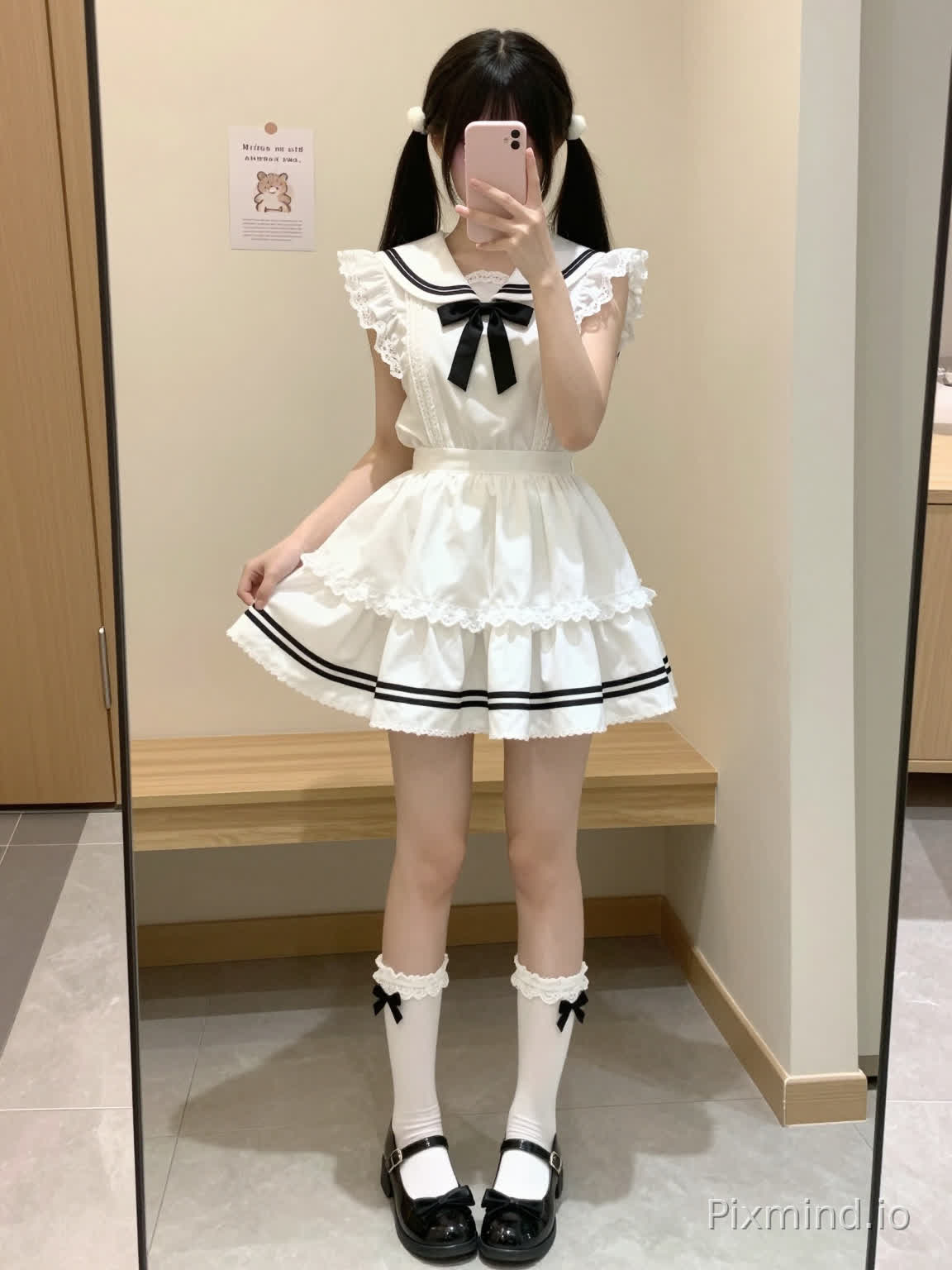 Full-body mirror selfie, reflection in a full-length mirror, a young slender fair-skinned Asian teenager girl, straight black hair with bangs covering the forehead, tied into twin ponytails with small white hair accessories, holding a pink smartphone to block her face, one hand gently lifts the skirt hem, wearing a white sleeveless sailor-style short dress, black ribbon bow tied at the collar, flounce sleeves with lace trim, high-waisted fluffy gathered short tiered skirt, skirt hem edged with two parallel black stripes, paired with white mid-calf socks with lace cuffs, each sock has a small black bow at the cuff, on feet are black round-toe Mary Jane flats with bow decoration on the toe, background is an indoor fitting room, warm-toned light beige wall, light gray tiled floor, a wooden counter bench behind the girl, a small decorative text poster hanging on the wall, soft warm indoor lighting, kawaii sweet aesthetic, daily lolita JK fashion, soft blurred background, sharp focus on the character, high resolution, 8k, photorealistic photography