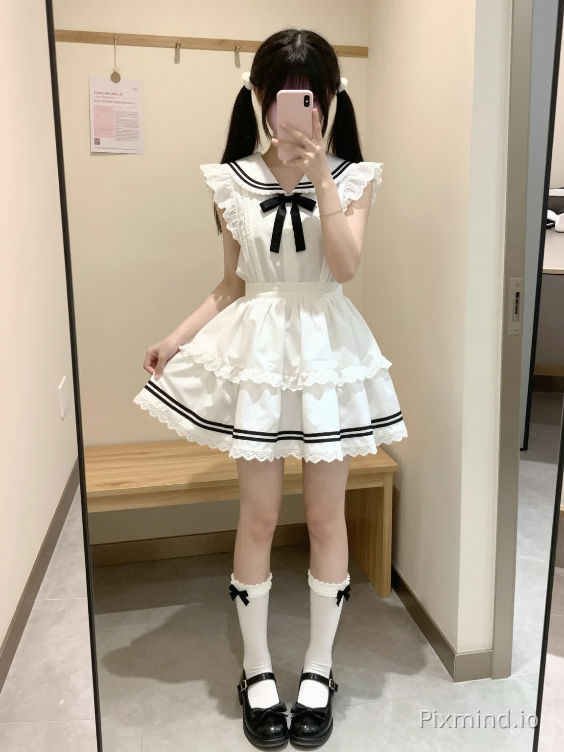Full-body mirror selfie, reflection in a full-length mirror, a young slender fair-skinned Asian teenager girl, straight black hair with bangs covering the forehead, tied into twin ponytails with small white hair accessories, holding a pink smartphone to block her face, one hand gently lifts the skirt hem, wearing a white sleeveless sailor-style short dress, black ribbon bow tied at the collar, flounce sleeves with lace trim, high-waisted fluffy gathered short tiered skirt, skirt hem edged with two parallel black stripes, paired with white mid-calf socks with lace cuffs, each sock has a small black bow at the cuff, on feet are black round-toe Mary Jane flats with bow decoration on the toe, background is an indoor fitting room, warm-toned light beige wall, light gray tiled floor, a wooden counter bench behind the girl, a small decorative text poster hanging on the wall, soft warm indoor lighting, kawaii sweet aesthetic, daily lolita JK fashion, soft blurred background, sharp focus on the character, high resolution, 8k, photorealistic photography