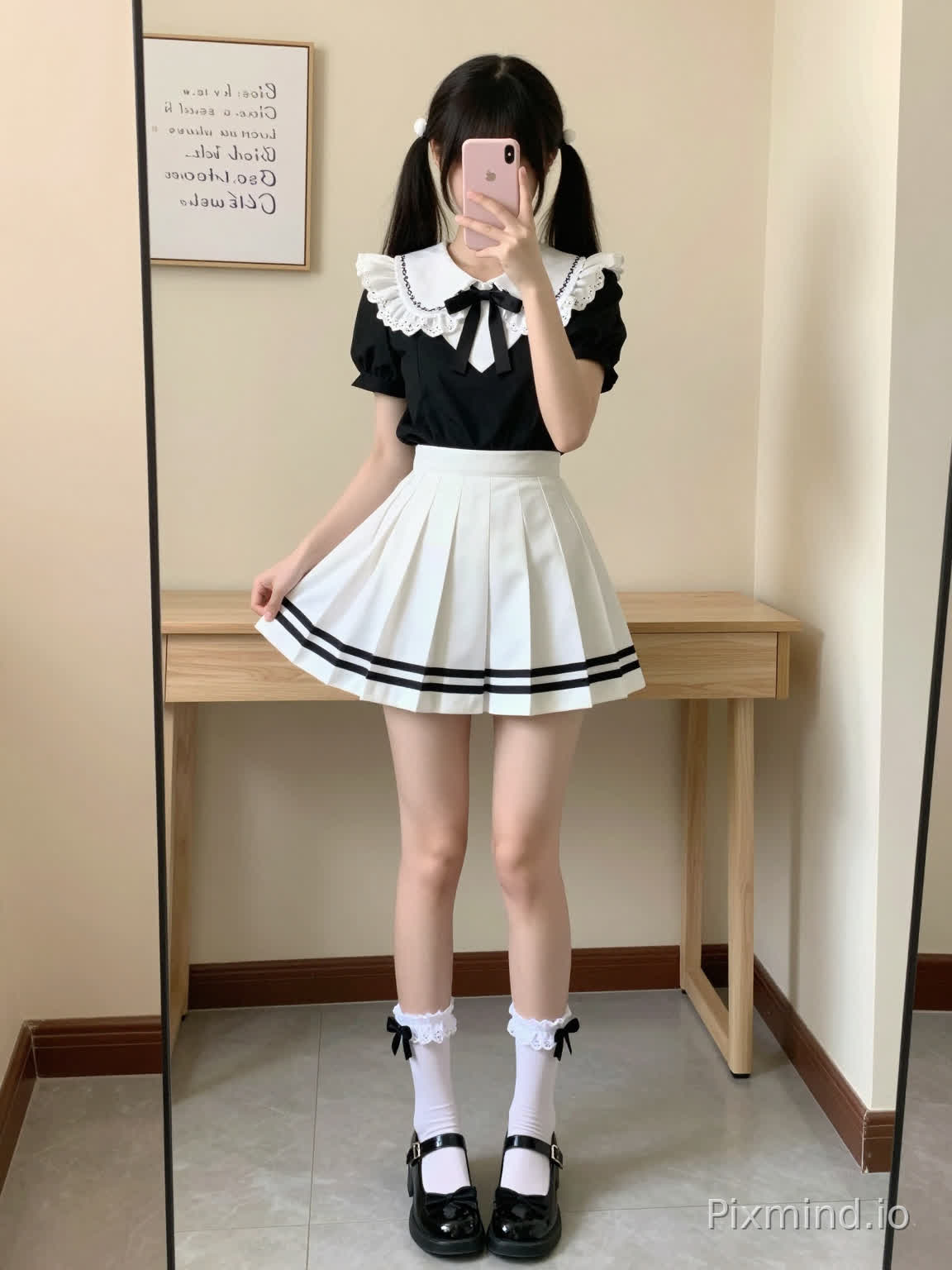 ### Chinese AI Painting Prompt (Compatible with Chinese models):
Full-body composition, mirror selfie perspective, 1 young slender young cute Asian soft girl, black bangs double ponytail, double ponytail adorned with small white hair accessories, covering face with a pink smartphone, standing in front of a full-length mirror, right hand lightly lifts the skirt hem, fair skin, slender legs; wearing a preppy-style black and white color-blocked waisted puffy short dress, white lace flutter collar, black bow ribbon tied at V-neck, high-waisted pleated short skirt, two black horizontal stripes on the skirt edge; paired with white lace-trimmed mid-calf socks, black bow decorated on the sock cuff, wearing black round-toe bow Mary Jane leather shoes; the scene is a simple warm-toned indoor fitting room, light milk tea-colored wall, log dressing table behind, a white decorative painting with English text hung on the wall, light gray floor tiles, soft warm natural light, fresh soft girl style, clear details, 8K high definition
---
### English AI Painting Prompt (Compatible with mainstream overseas AI painting models):
full body shot, mirror selfie perspective, 1 young cute asian girl, black bangs double ponytail, small white hair decorations on ponytail, cover face with pink smartphone, standing in front of full-length mirror, right hand lifts skirt lightly, fair skin, slender long legs, preppy style black and white color block high-waist puffy mini dress, white lace flounce collar, black bow tie at V-neck, high waist pleated skirt, two black horizontal stripes on skirt hem, white lace trim mid-calf socks with black bow, black round toe bow mary jane shoes, simple warm indoor fitting room, light milk tea colored wall, log dressing table behind, white decorative painting with text on wall, light gray floor tile, soft warm natural light, cute soft girl aesthetic, clear details, 8k, high definition