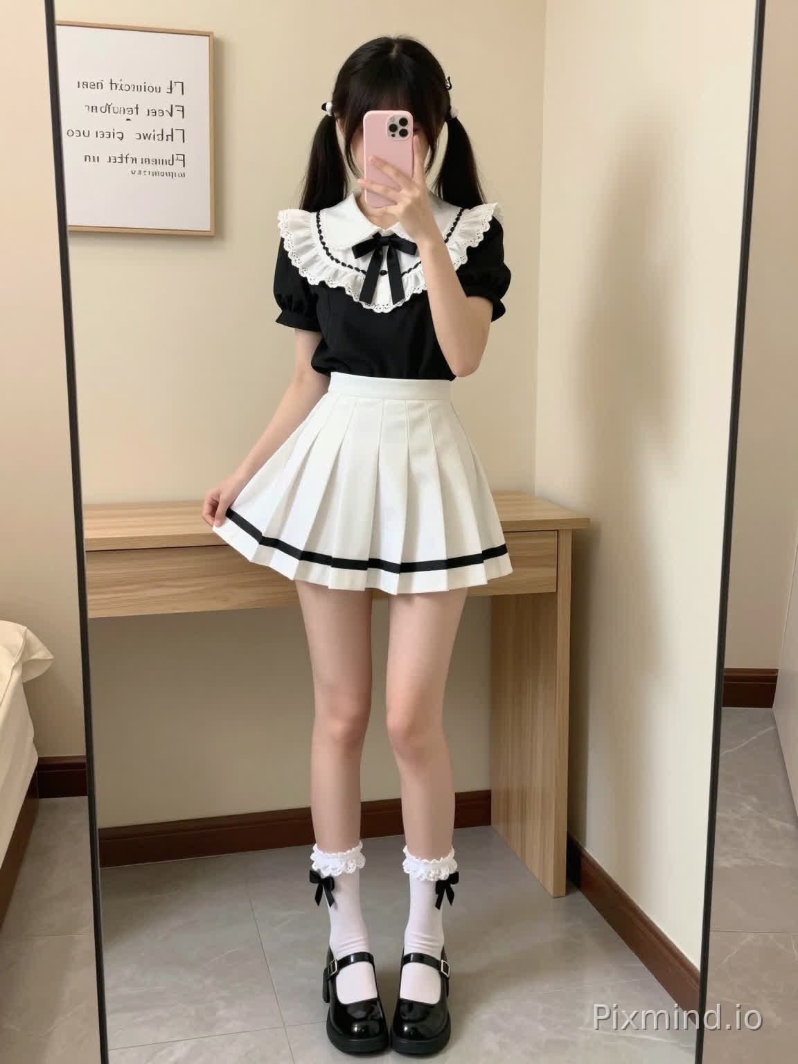 ### Chinese AI Painting Prompt (Compatible with Chinese models):
Full-body composition, mirror selfie perspective, 1 young slender young cute Asian soft girl, black bangs double ponytail, double ponytail adorned with small white hair accessories, covering face with a pink smartphone, standing in front of a full-length mirror, right hand lightly lifts the skirt hem, fair skin, slender legs; wearing a preppy-style black and white color-blocked waisted puffy short dress, white lace flutter collar, black bow ribbon tied at V-neck, high-waisted pleated short skirt, two black horizontal stripes on the skirt edge; paired with white lace-trimmed mid-calf socks, black bow decorated on the sock cuff, wearing black round-toe bow Mary Jane leather shoes; the scene is a simple warm-toned indoor fitting room, light milk tea-colored wall, log dressing table behind, a white decorative painting with English text hung on the wall, light gray floor tiles, soft warm natural light, fresh soft girl style, clear details, 8K high definition
---
### English AI Painting Prompt (Compatible with mainstream overseas AI painting models):
full body shot, mirror selfie perspective, 1 young cute asian girl, black bangs double ponytail, small white hair decorations on ponytail, cover face with pink smartphone, standing in front of full-length mirror, right hand lifts skirt lightly, fair skin, slender long legs, preppy style black and white color block high-waist puffy mini dress, white lace flounce collar, black bow tie at V-neck, high waist pleated skirt, two black horizontal stripes on skirt hem, white lace trim mid-calf socks with black bow, black round toe bow mary jane shoes, simple warm indoor fitting room, light milk tea colored wall, log dressing table behind, white decorative painting with text on wall, light gray floor tile, soft warm natural light, cute soft girl aesthetic, clear details, 8k, high definition