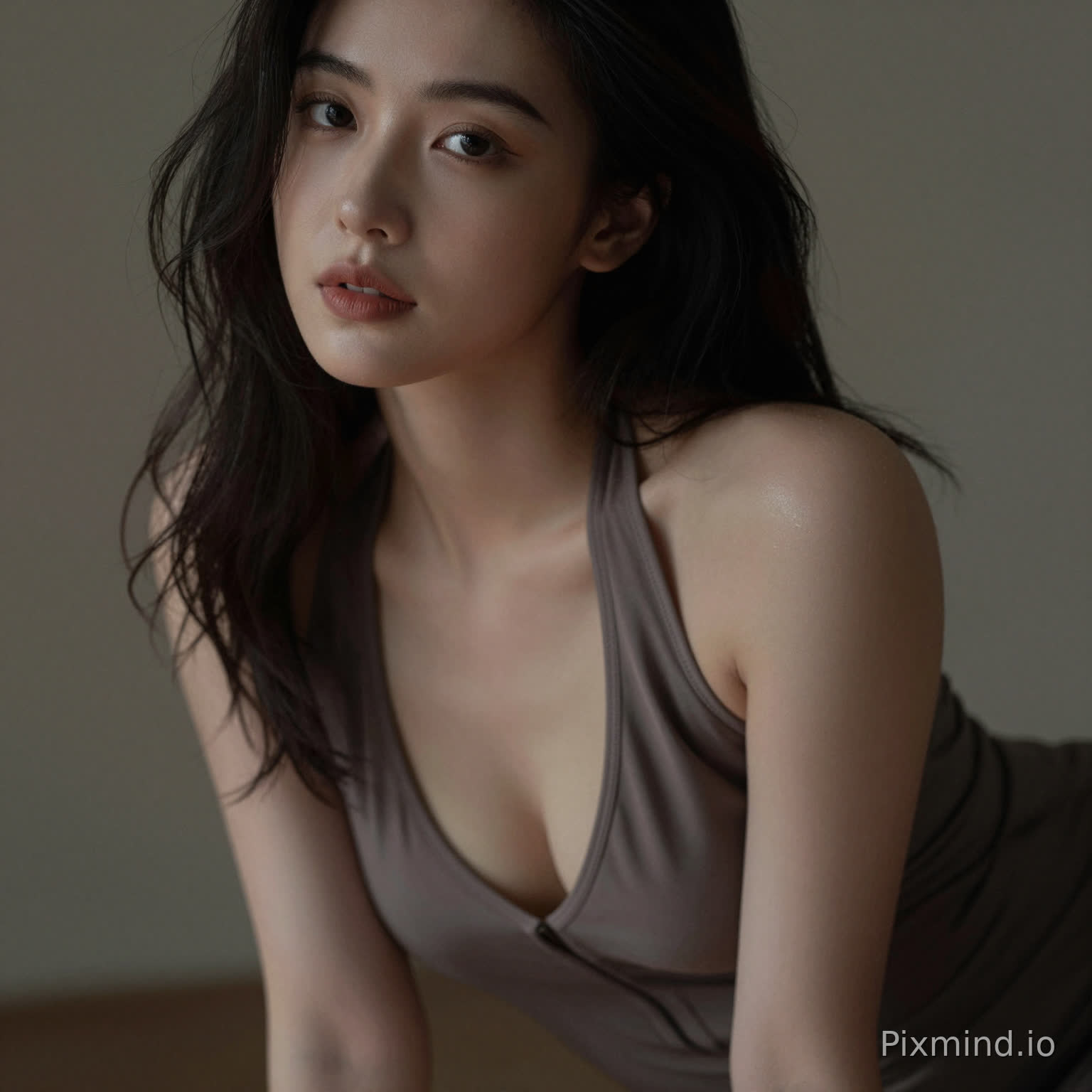 A sensual woman leaning slightly forward, deep neckline dress, subtle cleavage, inviting gaze, soft focus background, intimate framing, realistic skin highlights, moody lighting, editorial sensual photography