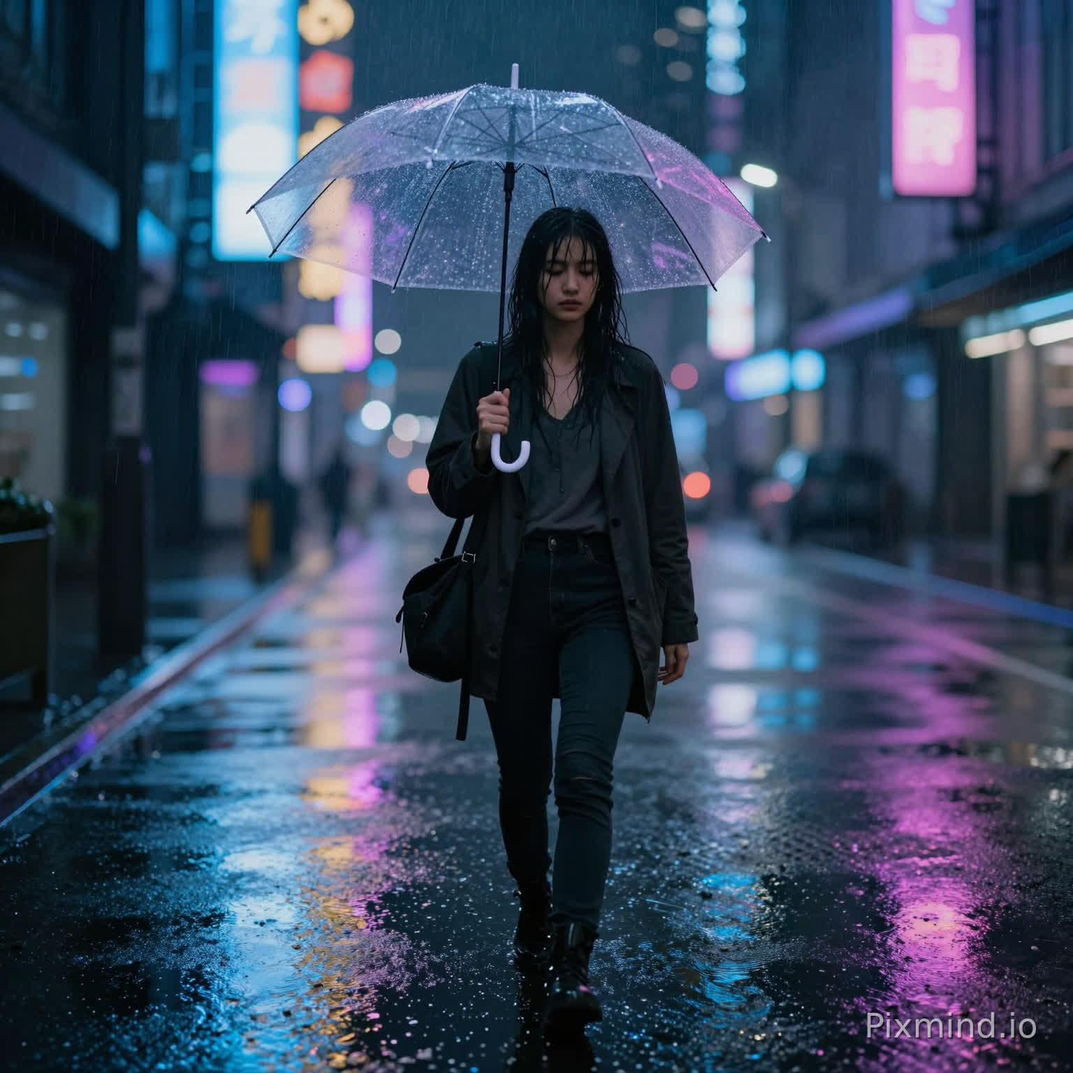 一位年轻女子独自走在一条荒凉的、霓虹灯照亮的赛博朋克街道上的全身照片,下着大雨的夜晚。她撑着一把透明雨伞,反射着周围招牌明亮的蓝色、紫色和粉色。她的黑发微微湿润,贴在脸上。湿漉漉的路面像镜子一样反射着城市灯光。氛围忧郁而电影感十足。雨滴清晰可见。使用85毫米镜头拍摄,f/1.8光圈,城市灯光虚化,黑色电影美学,超写实,8K画质。