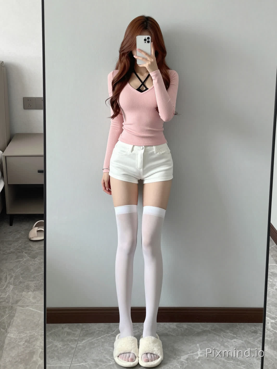 This is a full-body mirror selfie taken indoors. At the center of the frame is a young long-haired woman with a tall and slender figure. She has long chestnut wavy hair, and her face is blocked by the white smartphone she is holding up. She wears a light pink fitted ribbed V-neck long-sleeve top, with the strap of a black cross halter inner layer showing at the neckline. She pairs a white tight denim hot shorts with white thigh-high stockings, wears white fluffy open-toe slippers on her feet, and a thin silver bracelet on her wrist. She leans against a plain solid light gray wall, with gray textured tiled floor under her feet. The connected bedroom area is visible on the left side of the frame, where a light brown bedside table, a wall lamp and a pair of slippers can be spotted. The whole place is a modern minimalist home environment, with a sweet, cool, pure and alluring style, and soft bright light.