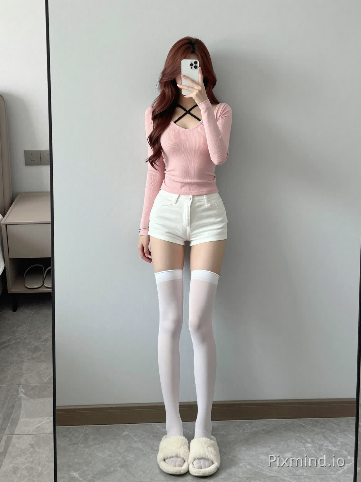 This is a full-body mirror selfie taken indoors. At the center of the frame is a young long-haired woman with a tall and slender figure. She has long chestnut wavy hair, and her face is blocked by the white smartphone she is holding up. She wears a light pink fitted ribbed V-neck long-sleeve top, with the strap of a black cross halter inner layer showing at the neckline. She pairs a white tight denim hot shorts with white thigh-high stockings, wears white fluffy open-toe slippers on her feet, and a thin silver bracelet on her wrist. She leans against a plain solid light gray wall, with gray textured tiled floor under her feet. The connected bedroom area is visible on the left side of the frame, where a light brown bedside table, a wall lamp and a pair of slippers can be spotted. The whole place is a modern minimalist home environment, with a sweet, cool, pure and alluring style, and soft bright light.
