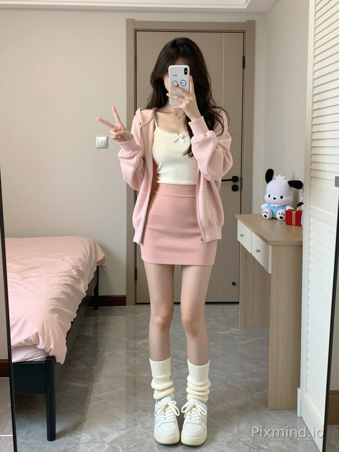 Below are detailed prompts suitable for AI painting models (Midjourney/Stable Diffusion), including positive prompts and negative prompts:
---
### Positive Prompts
```
masterpiece, best quality, 8k, ultra detailed, full body shot, young slender East Asian girl, long dark brown wavy hair, taking mirror selfie in a minimalist bedroom, face is blocked by a white smartphone with cute cartoon stickers, one hand holding phone, another hand making peace V sign, soft pastel sweet casual ootd: light pink loose zip-up hooded cardigan, cream white ribbed camisole with small bow decor, matching light pink high-waisted bodycon mini skirt, cream knitted slouch mid-calf socks, white sneakers with bow laces, soft indoor natural daylight, small bedroom interior: black frame single bed with light pink bedding on the left, plain light beige wall, grey marble texture floor, closed beige door behind the girl, light wood writing desk on the right with a cute Pacha Dog plush toy and small red gift box, white louvered wardrobe beside the desk, soft muted tone, daily casual aesthetic, sharp focus
```
---
### Negative Prompts
```
deformed hands, bad anatomy, blurry, low quality, extra limbs, ugly, distorted face, uneven proportions, harsh shadow
```