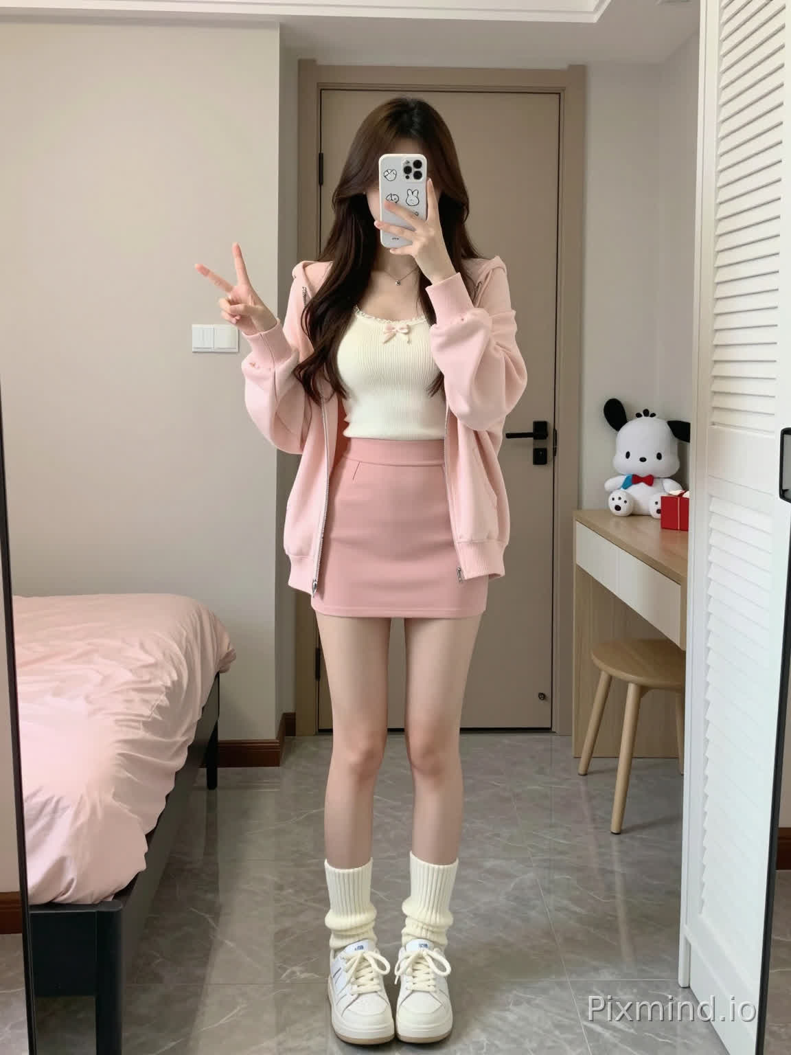 Below are detailed prompts suitable for AI painting models (Midjourney/Stable Diffusion), including positive prompts and negative prompts:
---
### Positive Prompts
```
masterpiece, best quality, 8k, ultra detailed, full body shot, young slender East Asian girl, long dark brown wavy hair, taking mirror selfie in a minimalist bedroom, face is blocked by a white smartphone with cute cartoon stickers, one hand holding phone, another hand making peace V sign, soft pastel sweet casual ootd: light pink loose zip-up hooded cardigan, cream white ribbed camisole with small bow decor, matching light pink high-waisted bodycon mini skirt, cream knitted slouch mid-calf socks, white sneakers with bow laces, soft indoor natural daylight, small bedroom interior: black frame single bed with light pink bedding on the left, plain light beige wall, grey marble texture floor, closed beige door behind the girl, light wood writing desk on the right with a cute Pacha Dog plush toy and small red gift box, white louvered wardrobe beside the desk, soft muted tone, daily casual aesthetic, sharp focus
```
---
### Negative Prompts
```
deformed hands, bad anatomy, blurry, low quality, extra limbs, ugly, distorted face, uneven proportions, harsh shadow
```