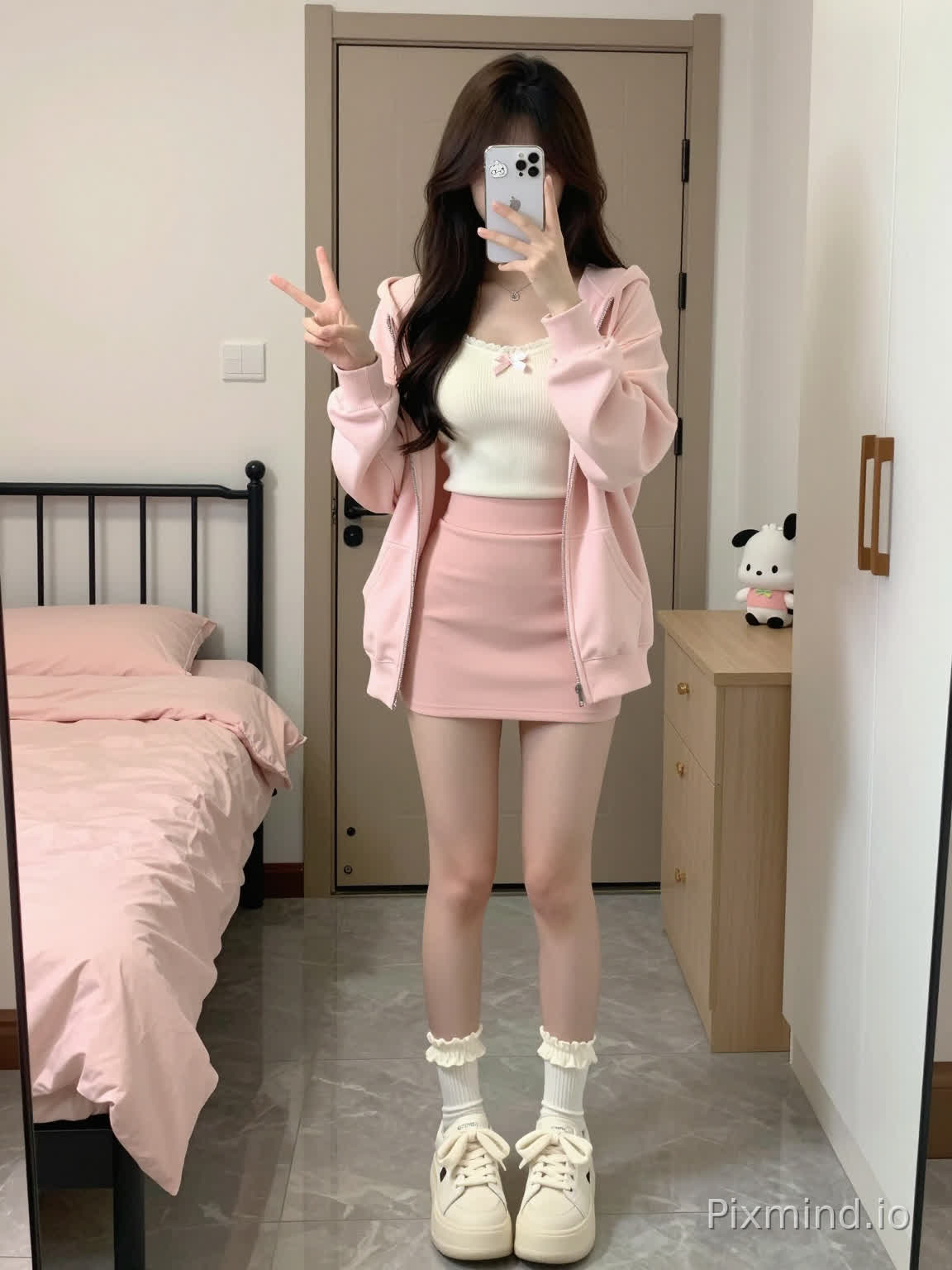 Here is the detailed AI image prompt for this picture, sorted for AI painting model understanding:
---
### Positive Prompt
realistic full-body photo, young sweet East Asian girl, long wavy dark brown hair, face blocked by a smartphone, taking mirror selfie in bedroom, left hand holding a white iPhone with cute cartoon sticker on the case, right hand making peace V sign, slender figure, fair smooth skin, soft warm indoor light,
outfit: light pink loose hooded zip-up hoodie cardigan, off-white ribbed knit camisole with small bow decoration, matching light pink high-waisted bodycon mini skirt, cream white ruffled mid-calf socks, off-white platform casual sneakers with bow details, whole soft milk-pink color scheme, sweet Korean casual daily style,
background: simple cozy small bedroom, single bed with black iron headboard on the left, light pink bed linen, light off-white plain wall, beige closed door behind the girl, light wood desk on the right, small plush Pochacco toy ornament on the desk, white wardrobe with brown handles, grey marble texture floor, warm casual daily atmosphere, clear details, 8k high resolution
---
### Negative Prompt
deformed hands, extra fingers, blurry, low resolution, bad anatomy, distorted body proportions, ugly, harsh shadow, overexposure, cluttered messy background, abnormal clothes structure