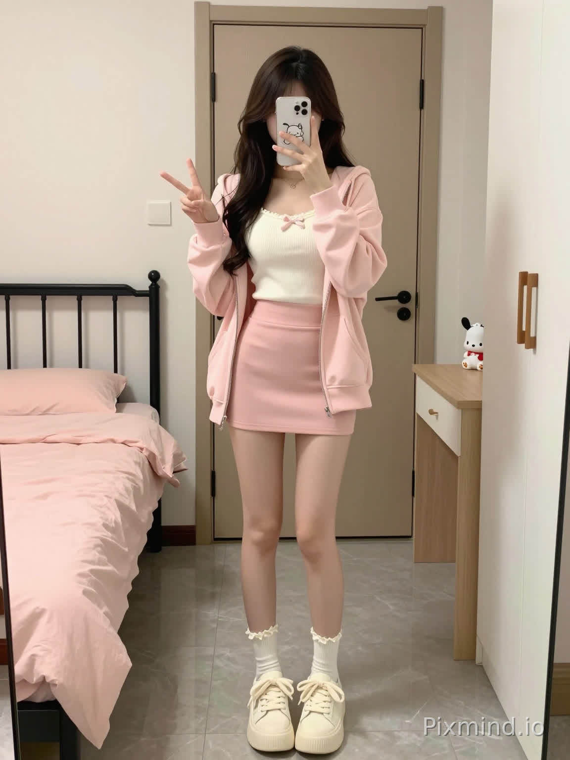 Here is the detailed AI image prompt for this picture, sorted for AI painting model understanding:
---
### Positive Prompt
realistic full-body photo, young sweet East Asian girl, long wavy dark brown hair, face blocked by a smartphone, taking mirror selfie in bedroom, left hand holding a white iPhone with cute cartoon sticker on the case, right hand making peace V sign, slender figure, fair smooth skin, soft warm indoor light,
outfit: light pink loose hooded zip-up hoodie cardigan, off-white ribbed knit camisole with small bow decoration, matching light pink high-waisted bodycon mini skirt, cream white ruffled mid-calf socks, off-white platform casual sneakers with bow details, whole soft milk-pink color scheme, sweet Korean casual daily style,
background: simple cozy small bedroom, single bed with black iron headboard on the left, light pink bed linen, light off-white plain wall, beige closed door behind the girl, light wood desk on the right, small plush Pochacco toy ornament on the desk, white wardrobe with brown handles, grey marble texture floor, warm casual daily atmosphere, clear details, 8k high resolution
---
### Negative Prompt
deformed hands, extra fingers, blurry, low resolution, bad anatomy, distorted body proportions, ugly, harsh shadow, overexposure, cluttered messy background, abnormal clothes structure
```