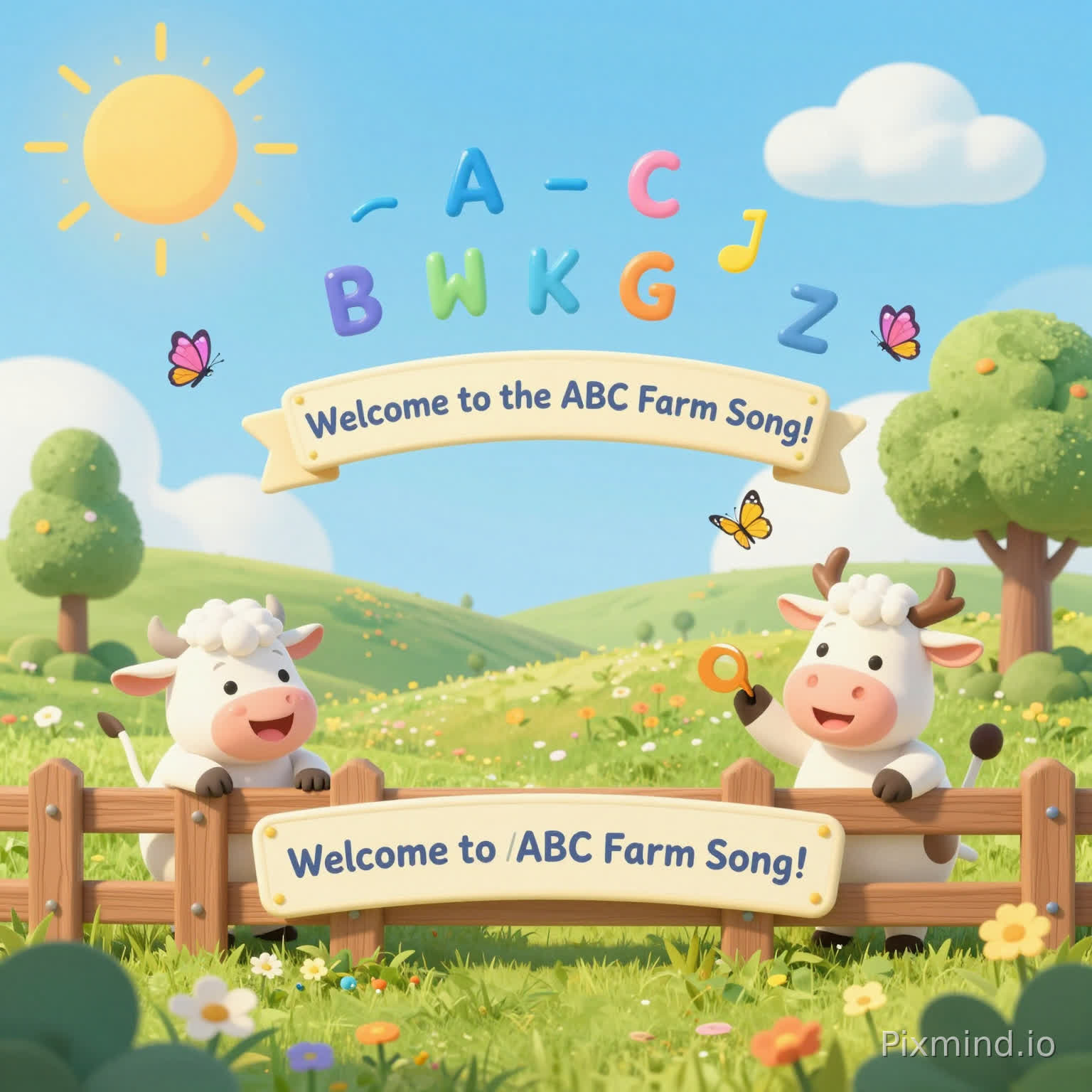 Opening Video Prompt – ABC Farm Song:
Create a bright, colorful, playful farm scene opening for children, with a sunny sky, rolling green fields, a cute wooden fence, smiling animals peeking from behind trees and bushes, butterflies fluttering, soft whimsical music playing, animated letters A–Z floating gently above the farm, a cheerful banner reading “Welcome to the ABC Farm Song!”, camera slowly pans across the scene with warm, vibrant cartoon lighting, inviting kids to sing along and join the farm adventure.