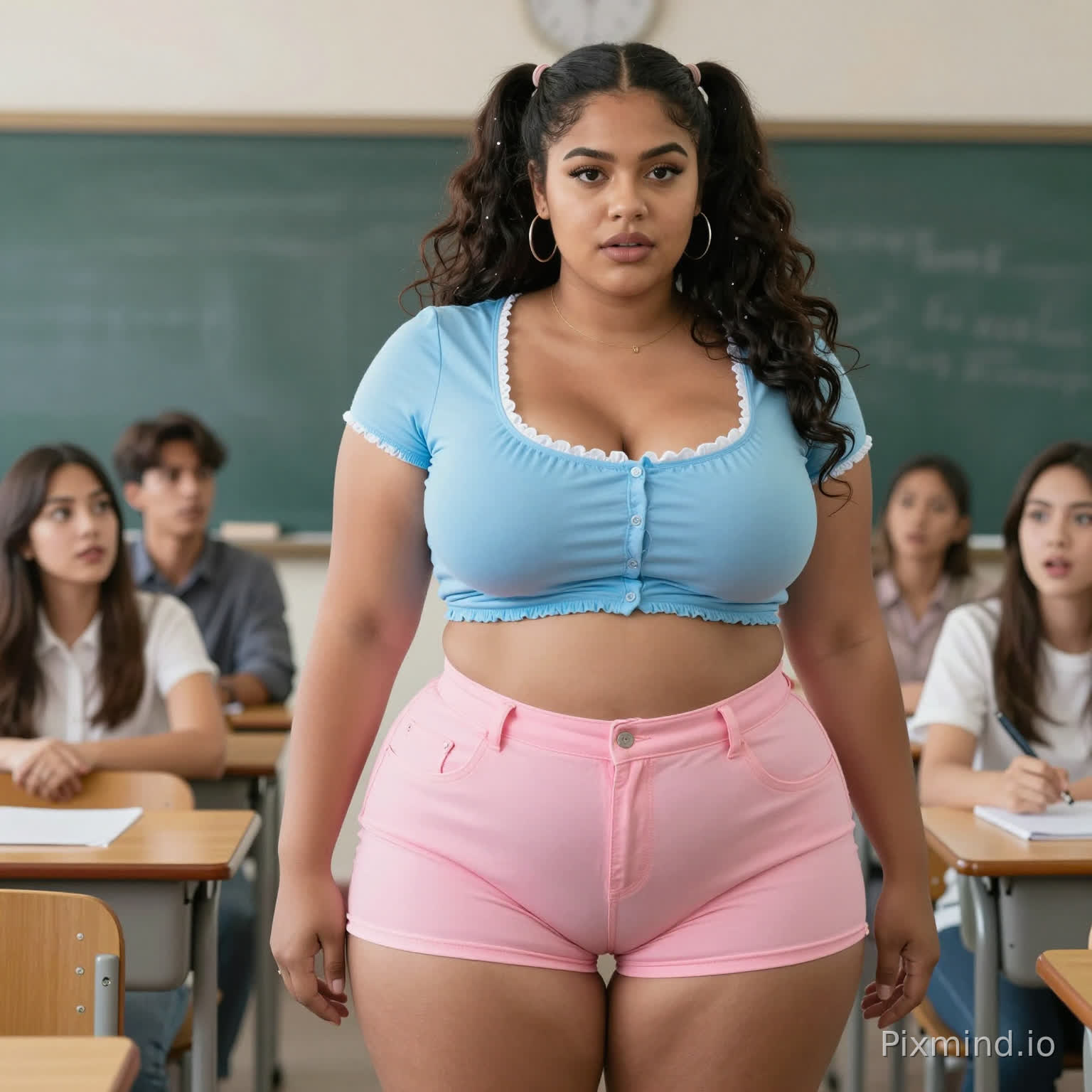 A voluptuous woman with pigtails and large, round breasts wears a tiny blue Barbie-style blouse that's so small half her breasts spill out of the neckline. She's wearing very tight pink mini-shorts. Her wide hips spill out from the sides of the shorts, and her skin is light brown. She's standing in a classroom with teachers staring at her in amazement.