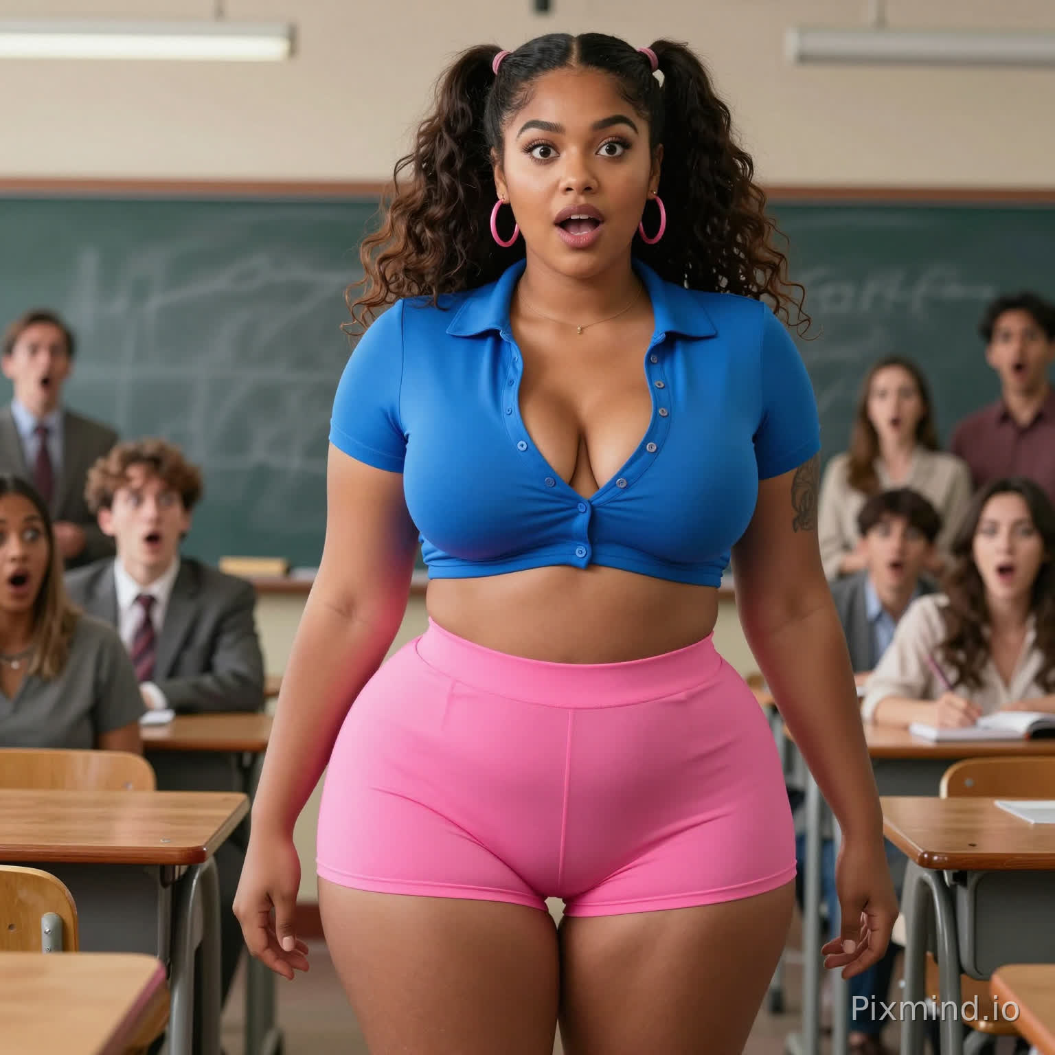Cinematic photorealistic masterpiece of a stunningly voluptuous woman with warm light brown skin and playful high pigtails. She is wearing an impossibly small, electric blue Barbie-core cropped blouse with a daringly deep neckline that reveals her ample curves, paired with ultra-tight, vibrant bubblegum pink micro-shorts that accentuate her wide, flared hips and soft silhouette. She stands in the center of a traditional academic classroom with wooden desks and a dusty chalkboard. In the background, a group of teachers are captured with expressions of utter shock and wide-eyed amazement. High-end fashion photography style, sharp focus on the subject, intricate fabric textures, soft skin details with subsurface scattering. Lighting is a mix of bright overhead classroom lights and a warm cinematic glow. Low angle composition, 8k resolution, highly detailed, vivid colors, depth of field blurring the background figures.